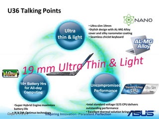 U36 Talking Points
• Ultra slim 19mm
•Stylish design with AL-MG Alloy
cover and silky nanometer coating
• Seamless chiclet keyboard
•Intel standard voltage i3/i5 CPUdelivers
outstanding performance
• Excellent thermal solution bringsstability
•Super Hybrid Engine maximizes
battery life
Conf•idNeVInDtIiAaOlptimus technology
Uncompromised
Performance
Ultra
thin & light
 