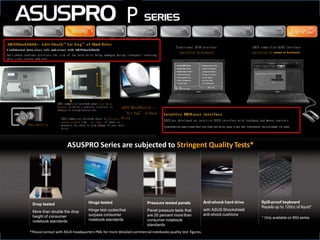ASUSPRO Series are subjected to Stringent QualityTests*
Drop tested
More than double the drop
height of consumer
notebook standards
Hinge tested
Hinge test cyclesthat
surpass consumer
notebook standards
Pressure tested panels
Panel pressure tests that
are 20 percent more than
consumer notebook
standards
Anti-shock hard drive
with ASUS Shockshield
anti-shock cushions
Spill-proof keyboard
Repels up to 120cc of liquid*
* Only available on B53 series
*Please contact with ASUS headquarters PMs for more detailed commercial notebooks quality test figures.
Intuitive BIOSuser interface
ASUS has developed an intuitive BIOS interface with touchpad and mouse controls
*All specifications are subject to change without notice. Please check with your supplier for exact offers. Products/features may not be available in all markets.
ASUS simplified BIOS Interface
controlled by mouse or keyboard
Traditional BIOS Interface
controlled by keyboard
ASUSShockShild-- Anti-Shock/”Air bag” of Hard Drive
Confidential data stays safe and secure with ASUSShockShield
Anti-shock cushions alleviate the risk of the hard drive being damaged during transport—ensuring
data stays secure and safe.
ASUS commercial notebook adopt real metal
bracket to build a concrete structure to
enhance to storage protection .
ASUS ShockShield ---
“Air bag” of Hard
ASUS commercial notebook phase in pressure- Drive
absorb cushion like “air bag” of shoes to
minimize the shock or drop damage of your hard
drive.
Data Security
P
 