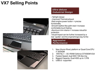 VX7 Selling Points
cooling compartment
Ultra deluxe
Industrial Design
- Tail light design
- Improved Thermal exhaust
-Start engine power button -> precise
functionality
-Smooth leather-like palm-rest->increase
comfortable touch feeling
-Aluminum trim interior-> increase robustfor
protection
-Visual impact can be further increased by a
rear ‘spoiler’ and the engine(hinge) bay forthe
Aggressive
Performance
1. New (Huron River) platform w/ Quad Core CPU
i7 2630QM
2. WW No.1 – 3G VRAM Geforce GTX560MVGA
3. Fastest Speed- dual SSH 10K like rmp
4. Biggest Capacity- Dual HDD up to 1.5TB
5. USB3.0 supported
 