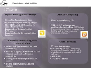10’’ series
• Up to 10 hours battery life
• SHE – ASUS unique power
configuration technology: SHE tailors
the appropriate power requirements
for the task at hand to ensure
maximum efficiency.
All Day ComputingStylish and Ergonomic Design
• Streamlined aerodynamic lines
• light-weight superb mobility design
• 10.1” LED-backlit LCD monitor for
comfortable viewing
• Ergonomicaly designed chiclet
keyboard
• Large touchpad with palm rejection
function
Impressive connectivity, easy
communication
• Built-in high quality camera for video
conferencing
• WiFi 802.11b/g/n(2), & Bluetooth V2.1(2)
brings rich network and wireless
connectivity
• Exciting multimedia enjoyment: 0.3M
camera
• USB3.0 (1015BX, 1015PW),HDMI
(1015BX)
Useful Software
• F9 – one key recovery
• Eee Docking – Cloud Computing-
Intuitive shortcuts for easy access to
digital content, services, and useful
software.
• ASUS SHE
• Windows 7 Starter
 