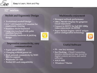 12’’ series
Multimedia enjoyment
• Strongest netbook performance
• 1366 x 768 HD Display for gorgeous
visual enjoyment
• Connect to HDTV for full HD 1080p
video enjoyment via HDMI
• Super Hybrid Engine: ASUS’ unique
power configuration technology
Stylish and Ergonomic Design
• Evolutional seashell design
• 12.1” LED-backlit LCD monitor for
comfortable viewing
• Seamless chiclet keyboard
• Large size touchpad with palm
rejection function
• Eco-friendly hardware & packing
design
Impressive connectivity, easy
communication
• Super speed USB 3.0
• Charging without power on
• Rich network connectivity by WIFI
802.11n support
• Bluetooth 3.0 + HS
• Perfect SD card compatibility
Useful Software
• F9 – one key recovery
• Eee Docking – Cloud Computing-
Intuitive shortcuts for easy access to
digital content, services, and useful
software.
• ASUS SHE
• Windows 7 Starter
 