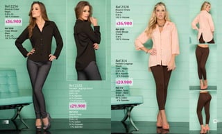 Ref 2328
Blusa en Chalis
Curuba
S-M-L
100 % Viscosa
Ref 2328
Chalis Blouse
Curuba
S-M-L
100 % Viscose
Ref 314
Stretch Pants
Brown - Black
S-M-L-XL
96 % Cotton
4 % Spandex
Ref 314
Pantalón Leggings
Strech
Café - Negro
S-M-L-XL
96 % Algodón
4 % Elastano
Ref 2256
Blusa en Crepe
Negro
S-M-L-XL
100 % Poliéster
Ref 2256
Crepe Blouse
Black
S-M-L-XL
100 % Polyester
Ref 2332
Stretch Pants
Only Print
S-M-L-XL
73 % Cotton
24 % Polyester
3 % Spandex
Ref 2332
Pantalón Leggings Strech
Color Unico
S-M-L-XL
73 % Algodón
24 % Poliéster
3 % Elastomero
$29.900
$36.900 $36.900
$20.900
50
51
 
