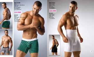 Ref 1922
Boxer Control
Blanco - Negro
S-M-L-XL
96 % Algodón
4 % Elastano
Ref 1922
Control Boxer
White - Black
S-M-L-XL
96 % Cotton
4 % Spandex
Ref 2438
Boxer
Raya Verde - Raya Blanca
S-M-L-XL
63.1 % Poliester
34 % Algodón
2.9 % Elastomero
Ref 2438
Boxer
Gren Stripes - Withe Striper
S-M-L-XL
63.1 Polyester
34 % Cotton
2.9 % Spandex
$22.300
$14.900
110
111
 