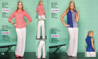 Ref 2328
Blusa en Chalis
Curuba
S-M-L
100 % Viscosa
Ref 2328
Chalis Blouse
Curuba
S-M-L
100 % Viscose
Ref 2389
Blusa en Chiffon
Color Unico
S-M-L-XL
100 % Poliester
Ref 2389
Chiffon Blouse
Only Print
S-M-L-XL
100 % Polyester
Ref 2327
Stretch Pants
Blue - Coral - Beige
S-M-L-XL
50 % Polyester
50 % Viscose
Ref 2327
Pantalón Leggings Strech
Azul - Coral - Beige
S-M-L-XL
50 % Poliester
50 % Viscosa
Ref 2353
Blusa en Crepe
Salmon
S-M-L-XL
100 % Poliester
Ref 2353
Crepe Blouse
Salmon
S-M-L-XL
100 % Polyester
Ref 2056
Chalis Pants
White - Beige - Black
S-M-L
100 % Viscose
Ref 2056
Pantalón en Chalis
Blanco - Beige - Negro
S-M-L
100 % Viscosa
Ref 2056
Chalis Pants
White - Beige - Black
S-M-L
100 % Viscose
Ref 2056
Pantalón en Chalis
Blanco - Beige - Negro
S-M-L
100 % Viscosa$35.900
$32.900 $34.900
$35.900
12
13
 