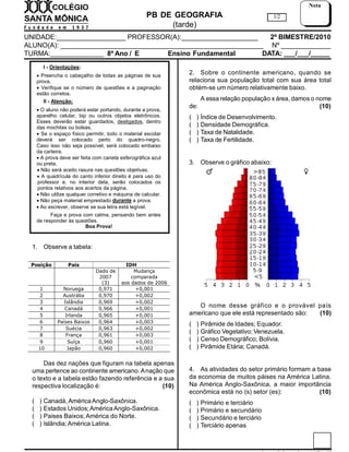 PB DE GEOGRAFIA
(tarde)
UNIDADE:__________________ PROFESSOR(A):____________________ 2º BIMESTRE/2010
ALUNO(A): _____________________________________________________ Nº _____________
TURMA:______________ 8º Ano / E Ensino Fundamental DATA: ___/___/_____
1/2
Nota
I - Orientações:
 Preencha o cabeçalho de todas as páginas de sua
prova.
 Verifique se o número de questões e a paginação
estão corretos.
II - Atenção:
 O aluno não poderá estar portando, durante a prova,
aparelho celular, bip ou outros objetos eletrônicos.
Esses deverão estar guardados, desligados, dentro
das mochilas ou bolsas.
 Se o espaço físico permitir, todo o material escolar
deverá ser colocado perto do quadro-negro.
Caso isso não seja possível, será colocado embaixo
da carteira.
 A prova deve ser feita com caneta esferográfica azul
ou preta.
 Não será aceito rasura nas questões objetivas.
 A quadrícula do canto inferior direito é para uso do
professor e, no interior dela, serão colocados os
pontos relativos aos acertos da página.
 Não utilize qualquer corretivo e máquina de calcular.
 Não peça material emprestado durante a prova.
 Ao escrever, observe se sua letra está legível.
Faça a prova com calma, pensando bem antes
de responder às questões.
Boa Prova!
1. Observe a tabela:
Das dez nações que figuram na tabela apenas
uma pertence ao continente americano.Anação que
o texto e a tabela estão fazendo referência e a sua
respectiva localização é: (10)
( ) Canadá, AméricaAnglo-Saxônica.
( ) Estados Unidos;AméricaAnglo-Saxônica.
( ) Paises Baixos; América do Norte.
( ) Islândia;América Latina.
2. Sobre o continente americano, quando se
relaciona sua população total com sua área total
obtém-se um número relativamente baixo.
A essa relação população x área, damos o nome
de: (10)
( ) Índice de Desenvolvimento.
( ) Densidade Demográfica.
( ) Taxa de Natalidade.
( ) Taxa de Fertilidade.
3. Observe o gráfico abaixo:
O nome desse gráfico e o provável país
americano que ele está representado são: (10)
( ) Pirâmide de Idades; Equador.
( ) Gráfico Vegetativo; Venezuela.
( ) Censo Demográfico; Bolívia.
( ) Pirâmide Etária; Canadá.
4. As atividades do setor primário formam a base
da economia de muitos páises na América Latina.
Na América Anglo-Saxônica, a maior importância
econômica está no (s) setor (es): (10)
( ) Primário e terciário
( ) Primário e secundário
( ) Secundário e terciário
( ) Terciário apenas
Posição Pais IDH
Dado de
2007
(3)
Mudança
comparada
aos dados de 2006
1 Noruega 0,971 +0,001
2 Austrália 0,970 +0,002
3 Islândia 0,969 +0,002
4 Canadá 0,966 +0,001
5 Irlanda 0,965 +0,001
6 Países Baixos 0,964 +0,003
7 Suécia 0,963 +0,002
8 França 0,961 +0,003
9 Suíça 0,960 +0,001
10 Japão 0,960 +0,002
 