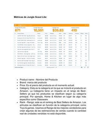 Métricas de Jungle Scout Lite:
• Product name - Nombre del Producto
• Brand: marca del producto
• Price: Es el precio del producto en el momento actual.
• Category: Esta es la categoría en la que se incluirá el producto en
Amazon. La Categoría tiene un impacto en el rango de Best-
Sellers ya que los productos se clasifican según su categoría
principal. Por ejemplo, Home & Kitchen en lugar de algo más
específico como Glassware.
• Rank - Rango: este es el ranking de Best Sellers de Amazon. Los
artículos se clasifican en función de la categoría principal, como
Toys & games. Usamos el Rango de los mejores vendedores para
crear algunas de las estimaciones de ventas cuando la cantidad
real de unidades vendidas no está disponible.
 