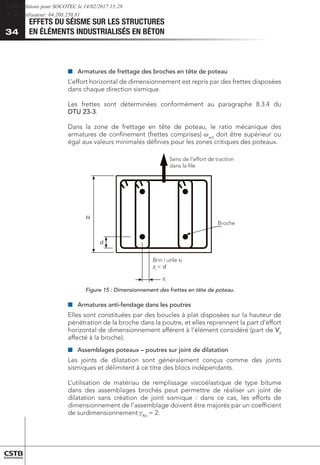 EFFETS DU SÉISME SUR LES STRUCTURES
EN ÉLÉMENTS INDUSTRIALISÉS EN BÉTON
34
■
■ 	
Armatures de frettage des broches en tête de poteau
L’effort horizontal de dimensionnement est repris par des frettes disposées
dans chaque direction sismique.
Les frettes sont déterminées conformément au paragraphe 8.3.4 du
DTU 23-3.
Dans la zone de frettage en tête de poteau, le ratio mécanique des
armatures de confinement (frettes comprises) wwd
doit être supérieur ou
égal aux valeurs minimales définies pour les zones critiques des poteaux.
Sens de l'effort de traction
dans la file
Broche
Brin i utile si
z  d
z
H
d
i
i
Figure 15 : Dimensionnement des frettes en tête de poteau.
■
■ 	
Armatures anti-fendage dans les poutres
Elles sont constituées par des boucles à plat disposées sur la hauteur de
pénétration de la broche dans la poutre, et elles reprennent la part d’effort
horizontal de dimensionnement afférent à l’élément considéré (part de Vd
affecté à la broche).
■
■ 	
Assemblages poteaux – poutres sur joint de dilatation
Les joints de dilatation sont généralement conçus comme des joints
sismiques et délimitent à ce titre des blocs indépendants.
L’utilisation de matériau de remplissage viscoélastique de type bitume
dans des assemblages brochés peut permettre de réaliser un joint de
dilatation sans création de joint sismique : dans ce cas, les efforts de
dimensionnement de l’assemblage doivent être majorés par un coefficient
de surdimensionnement Rd
= 2.
CSTB Editions pour SOCOTEC le 14/02/2017 15:28
IP de l'utilisateur: 64.208.250.81
 