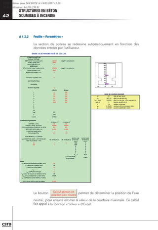 42
STRUCTURES EN BÉTON
SOUMISES À INCENDIE
42
A 1.2.2 	 Feuille « Paramètres »
La section du poteau se redessine automatiquement en fonction des
données entrées par l’utilisateur.
Calcul section et
position axe neutre
Le bouton Calcul section et
position axe neutre
permet de déterminer la position de l’axe
neutre, pour ensuite estimer la valeur de la courbure maximale. Ce calcul
fait appel à la fonction « Solver » d’Excel.
CSTB Editions pour SOCOTEC le 14/02/2017 15:28
IP de l'utilisateur: 64.208.250.81
 