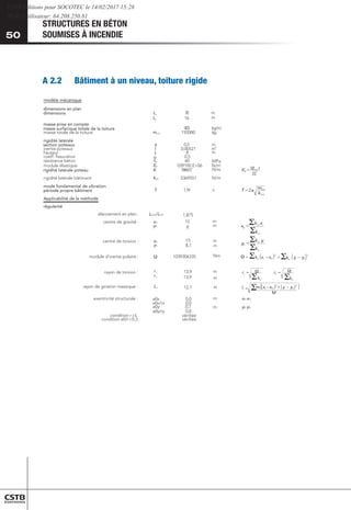 50
STRUCTURES EN BÉTON
SOUMISES À INCENDIE
50
A 2.2 	 Bâtiment à un niveau, toiture rigide
modèle mécanique
dimensions en plan
m
0
3
x
L
masse prise en compte ²
m
/
g
k
0
0
4
masse totale de la toiture mtot 192000
rigidité latérale
m
5
,
0
a
inertie poteaux I 0,00521 m4
hauteur
coeff. fissuration 0,5
résistance béton fck 60
module élastique Em 039100.E+06
7
1
6
6
9
5
K
rigidité latérale bâtiment ktot 5369551
mode fondamental de vibration
s
9
1
,
1
T
Applicabilité de la méthode
régularité
élancement en plan : Lmax/Lmin
centre de gravité : xG
yG
centre de torsion : x0
y0
module d'inertie polaire : 1039306335
rayon de torsion : 13,9
13,9
rayon de giration massique : 12,1
exentricité structurale : e0x 0,0
0,0
e0y 0,7
0,0
condition r ≥ls vérifiée
condition e0/r≤0,3 vérifiée
3
cm
p
L
2
E
3
K =
tot
tot
k
m
T 2
=
=
yi
i
yi
k
x
k
x0
=
xi
i
xi
k
y
k
y0
( ) ( )2
0
2
0 y
y
k
x
x
k i
xi
i
yi −
+
−
=
=
=
xi
y
yi
x
k
r
k
r
( ) ( )
( )
M
y
y
x
x
m
l G
i
G
i
i
s
−
+
−
=
2
2















dimensions
masse surfacique totale de la toiture
section poteaux
rigidité latérale poteau
période propre bâtiment
16 m
y
L
g
k
L 8 m
MPa
²
N/m
N/m
N/m
I
1,875
m
m
m
m
15
8
8,7
15
Nm
rx
ry
m
m
m
Ls
e0x/rx
e0y/ry
x0-xG
y0-yG
m
m
CSTB Editions pour SOCOTEC le 14/02/2017 15:28
IP de l'utilisateur: 64.208.250.81
 
