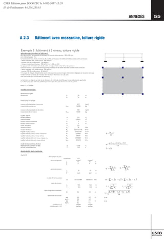 55
55
ANNEXES
A 2.3 	 Bâtiment avec mezzanine, toiture rigide
A 2.3 Bâtiment avec mezzanine, toiture rigide
Exemple 3 : bâtiment à 2 niveau, toiture rigide
géométrie et données du bâtiment
afin de simplifier, les poteaux du bâtiment ont tous la même section : 500 x 500 mm
et la même hauteur : 9 m
la mezzanine (niveau 1) est constituée de poutres porteuses et de dalles alvéolées posées entre porteuses :
- dalles alvéolées 200, poids propre : 260 daN/m²
- pourtes R35-50, poids propre : 150 daN/m²
- charge d'exploitation bureau : 250 daN/m²,2 = 0,3,  = 0,8
les appuis de la mezzanine sont situés à 5 m par rapport à la sortie de fut des poteaux
la toiture (niveau 2) est constituée de poutres porteuses et de dalles alvéolées posées entre porteuses :
- dalles alvéolées 160, poids propre : 220 daN/m²
- pourtes R35-50, poids propre : 82 daN/m²
il n'y a pas de charges d'exploitation sur la toiture autres que les charges d'entretient négligées en situation sismique
le bâtiment est constitué de 2 travées dans les deux directions x et y du plan,
avec une travée plus courte selon la direction y
Le bâtiment est régulier en plan et en élévation, la méthode simplifiée par forces latérales est applicable
La la fabrication des éléments préfabriqués fait l'objet d'un plan d'assurance de la qualité
béton : fck = 50 Mpa
modèle mécanique
dimensions en plan
m
0
2
x
L
s
n
o
i
s
n
e
m
i
d
Ly
masse prise en compte
²
m
/
g
k
0
7
4
e
n
i
n
a
z
z
e
m
e
l
a
t
o
t
e
u
q
i
ç
a
f
r
u
s
e
s
s
a
m
masse totale mezzanine mtot1 150400 kg
²
m
/
g
k
2
0
3
e
r
u
t
i
o
t
a
l
e
d
e
l
a
t
o
t
e
u
q
i
c
a
f
r
u
s
e
s
s
a
m
masse totale de la toiture mtot2 96640 kg
rigidité latérale
m
5
,
0
a
x
u
a
e
t
o
p
n
o
i
t
c
e
s
inertie poteaux I 0,00521 m
4
hauteur niveau mezzanine L1 5 m
hauteur niveau toiture L2 9 m
coeff. fissuration α 0,5
résistance béton fck 50 MPa
module élastique Em 037278.E+06 N/m²
²
m
N
4
8
7
7
7
0
7
9
i
R
u
a
e
t
o
p
n
o
i
t
c
e
s
é
t
i
d
i
g
i
R
rigidité latérale poteau niveau mezzanine K1 2329867 N/m
rigidité latérale poteau niveau toiture K2 399497 N/m
rigidité latérale bâtiment niveau mezzanine ktot1 20968801 N/m
rigidité latérale bâtiment niveau toiture ktot2 3595473 N/m
mode fondamental de vibration
déplacement gravitaire en tête d 0,418 m
s
9
2
,
1
T
t
n
e
m
i
t
â
b
e
r
p
o
r
p
e
d
o
i
r
é
p
Applicabilité de la méthode
régularité
élancement en plan :
Lmax/Lmin 1,25
centre de gravité : niveau1 niveau2
xG
yG
centre de torsion :
x0
y0
module d'inertie polaire :
Ω 2311227884 396301077 Nm
rayon de torsion :
rx
ry
rayon de giration massique :
ls1 9,2 9,2 m
exentricité structurale :
e0x 0,0 0,0 m x0-xG
e0x/rx
e0y 0,7 0,7 m y0-yG
e0y/ry
condition r≥ ls vérifiée vérifiée
condition e0/r ≤ 0,3 vérifiée vérifiée
3
cm
p
L
2
E
3
K =
∑
∑
=
yi
i
yi
k
x
k
x0 ∑
∑
=
xi
i
xi
k
y
k
y0
( ) ( )2
0
2
0 y
y
k
x
x
k i
xi
i
yi −
+
−
=
Ω ∑
∑
∑
∑
Ω
=
Ω
=
xi
y
yi
x
k
r
k
r
( ) ( )
( )
M
y
y
x
x
m
l
G
i
G
i
i
s
∑ −
+
−
=
2
2
d
T 2
=
0
2
4
6
8
10
12
14
16
0 2 4 6 8 10 12 14 16 18 20
x
y
16 m
10 10 m
8 8 m
I
10 10 m
8,67 8,67 m
10,5 10,5 m
10,5 10,5 m
0,0 0,0
0,1 0,1
d =
g (-L1
3
mtot1
+3L1
2
L
2
mtot1
+2L2
3
R
6
)
CSTB Editions pour SOCOTEC le 14/02/2017 15:28
IP de l'utilisateur: 64.208.250.81
 