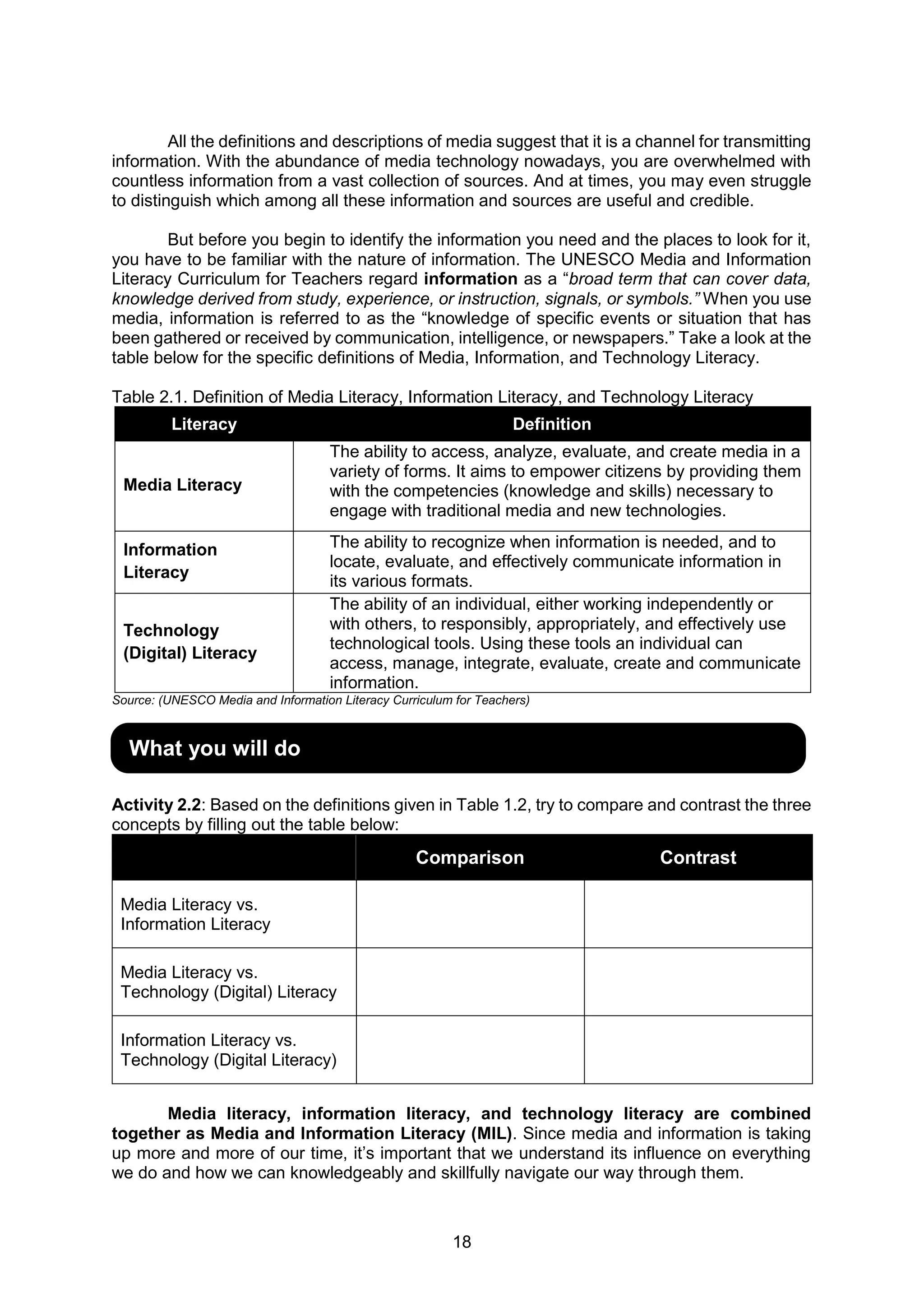 18
All the definitions and descriptions of media suggest that it is a channel for transmitting
information. With the abundance of media technology nowadays, you are overwhelmed with
countless information from a vast collection of sources. And at times, you may even struggle
to distinguish which among all these information and sources are useful and credible.
But before you begin to identify the information you need and the places to look for it,
you have to be familiar with the nature of information. The UNESCO Media and Information
Literacy Curriculum for Teachers regard information as a “broad term that can cover data,
knowledge derived from study, experience, or instruction, signals, or symbols.” When you use
media, information is referred to as the “knowledge of specific events or situation that has
been gathered or received by communication, intelligence, or newspapers.” Take a look at the
table below for the specific definitions of Media, Information, and Technology Literacy.
Table 2.1. Definition of Media Literacy, Information Literacy, and Technology Literacy
Literacy Definition
Media Literacy
The ability to access, analyze, evaluate, and create media in a
variety of forms. It aims to empower citizens by providing them
with the competencies (knowledge and skills) necessary to
engage with traditional media and new technologies.
Information
Literacy
The ability to recognize when information is needed, and to
locate, evaluate, and effectively communicate information in
its various formats.
Technology
(Digital) Literacy
The ability of an individual, either working independently or
with others, to responsibly, appropriately, and effectively use
technological tools. Using these tools an individual can
access, manage, integrate, evaluate, create and communicate
information.
Source: (UNESCO Media and Information Literacy Curriculum for Teachers)
Activity 2.2: Based on the definitions given in Table 1.2, try to compare and contrast the three
concepts by filling out the table below:
Comparison Contrast
Media Literacy vs.
Information Literacy
Media Literacy vs.
Technology (Digital) Literacy
Information Literacy vs.
Technology (Digital Literacy)
Media literacy, information literacy, and technology literacy are combined
together as Media and Information Literacy (MIL). Since media and information is taking
up more and more of our time, it’s important that we understand its influence on everything
we do and how we can knowledgeably and skillfully navigate our way through them.
What you will do
 
