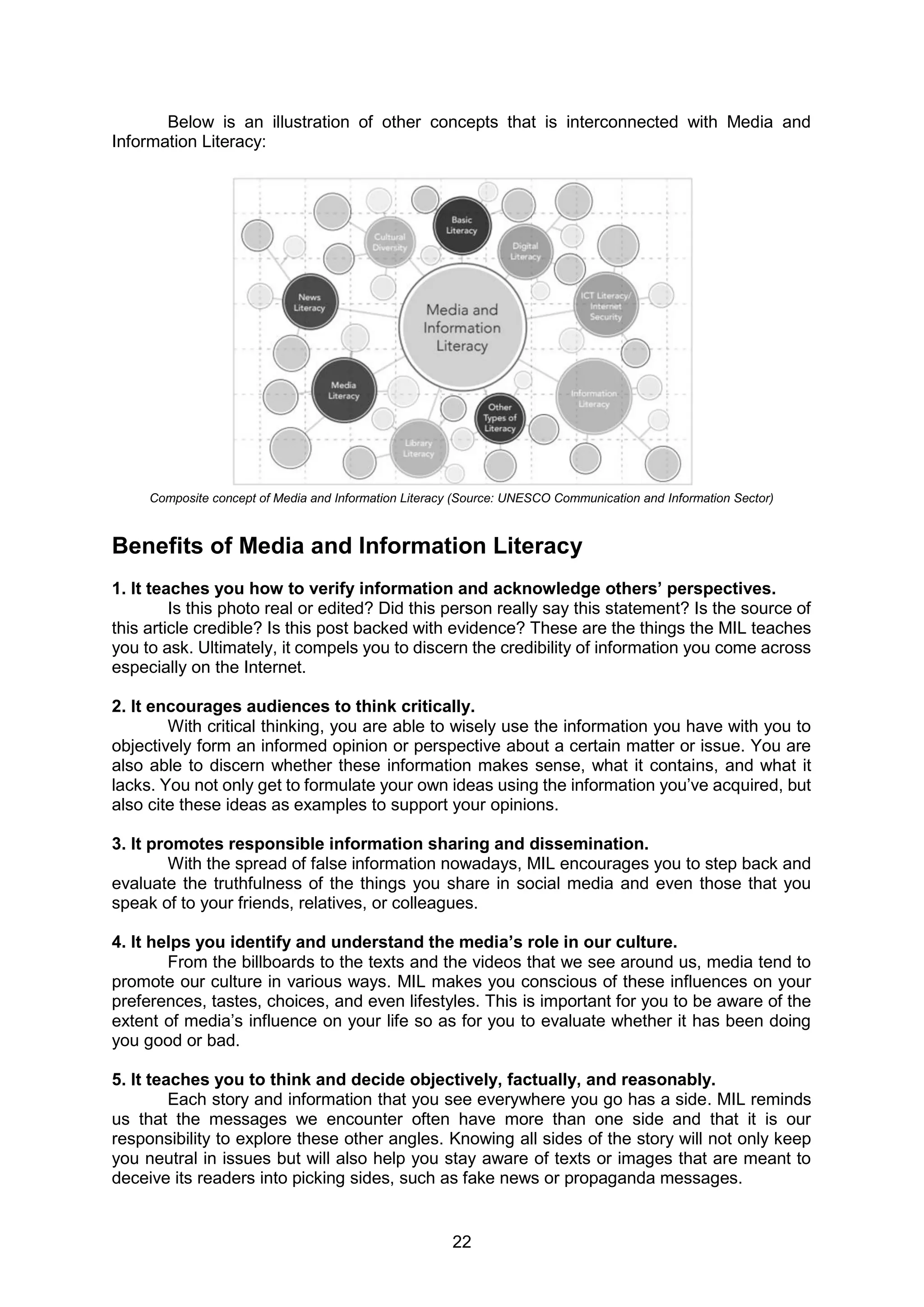 22
Below is an illustration of other concepts that is interconnected with Media and
Information Literacy:
Composite concept of Media and Information Literacy (Source: UNESCO Communication and Information Sector)
Benefits of Media and Information Literacy
1. It teaches you how to verify information and acknowledge others’ perspectives.
Is this photo real or edited? Did this person really say this statement? Is the source of
this article credible? Is this post backed with evidence? These are the things the MIL teaches
you to ask. Ultimately, it compels you to discern the credibility of information you come across
especially on the Internet.
2. It encourages audiences to think critically.
With critical thinking, you are able to wisely use the information you have with you to
objectively form an informed opinion or perspective about a certain matter or issue. You are
also able to discern whether these information makes sense, what it contains, and what it
lacks. You not only get to formulate your own ideas using the information you’ve acquired, but
also cite these ideas as examples to support your opinions.
3. It promotes responsible information sharing and dissemination.
With the spread of false information nowadays, MIL encourages you to step back and
evaluate the truthfulness of the things you share in social media and even those that you
speak of to your friends, relatives, or colleagues.
4. It helps you identify and understand the media’s role in our culture.
From the billboards to the texts and the videos that we see around us, media tend to
promote our culture in various ways. MIL makes you conscious of these influences on your
preferences, tastes, choices, and even lifestyles. This is important for you to be aware of the
extent of media’s influence on your life so as for you to evaluate whether it has been doing
you good or bad.
5. It teaches you to think and decide objectively, factually, and reasonably.
Each story and information that you see everywhere you go has a side. MIL reminds
us that the messages we encounter often have more than one side and that it is our
responsibility to explore these other angles. Knowing all sides of the story will not only keep
you neutral in issues but will also help you stay aware of texts or images that are meant to
deceive its readers into picking sides, such as fake news or propaganda messages.
 