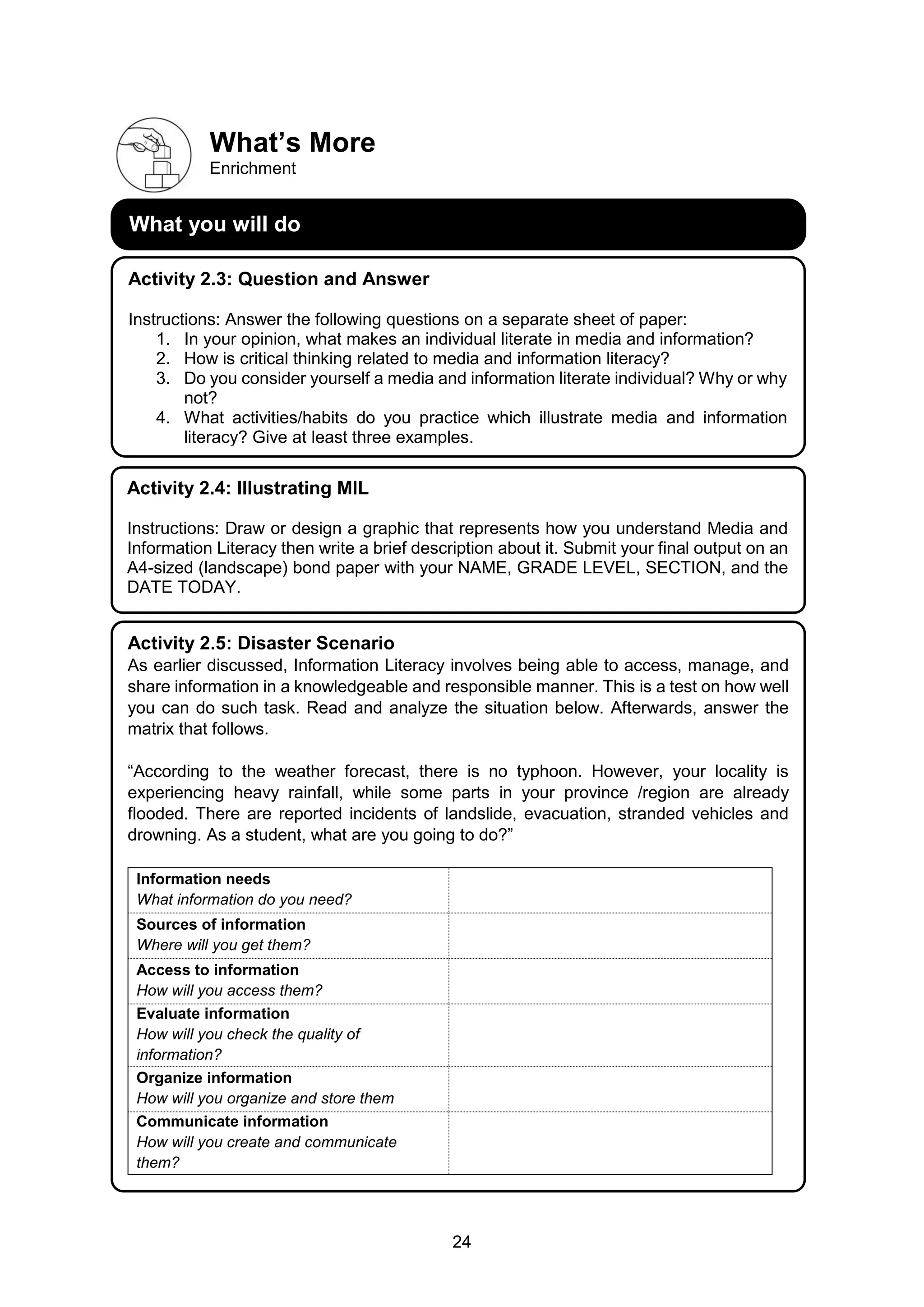 24
What’s More
Enrichment
What you will do
Activity 2.4: Illustrating MIL
Instructions: Draw or design a graphic that represents how you understand Media and
Information Literacy then write a brief description about it. Submit your final output on an
A4-sized (landscape) bond paper with your NAME, GRADE LEVEL, SECTION, and the
DATE TODAY.
Activity 2.3: Question and Answer
Instructions: Answer the following questions on a separate sheet of paper:
1. In your opinion, what makes an individual literate in media and information?
2. How is critical thinking related to media and information literacy?
3. Do you consider yourself a media and information literate individual? Why or why
not?
4. What activities/habits do you practice which illustrate media and information
literacy? Give at least three examples.
What you will do
Activity 2.5: Disaster Scenario
As earlier discussed, Information Literacy involves being able to access, manage, and
share information in a knowledgeable and responsible manner. This is a test on how well
you can do such task. Read and analyze the situation below. Afterwards, answer the
matrix that follows.
“According to the weather forecast, there is no typhoon. However, your locality is
experiencing heavy rainfall, while some parts in your province /region are already
flooded. There are reported incidents of landslide, evacuation, stranded vehicles and
drowning. As a student, what are you going to do?”
Information needs
What information do you need?
Sources of information
Where will you get them?
Access to information
How will you access them?
Evaluate information
How will you check the quality of
information?
Organize information
How will you organize and store them
Communicate information
How will you create and communicate
them?
 