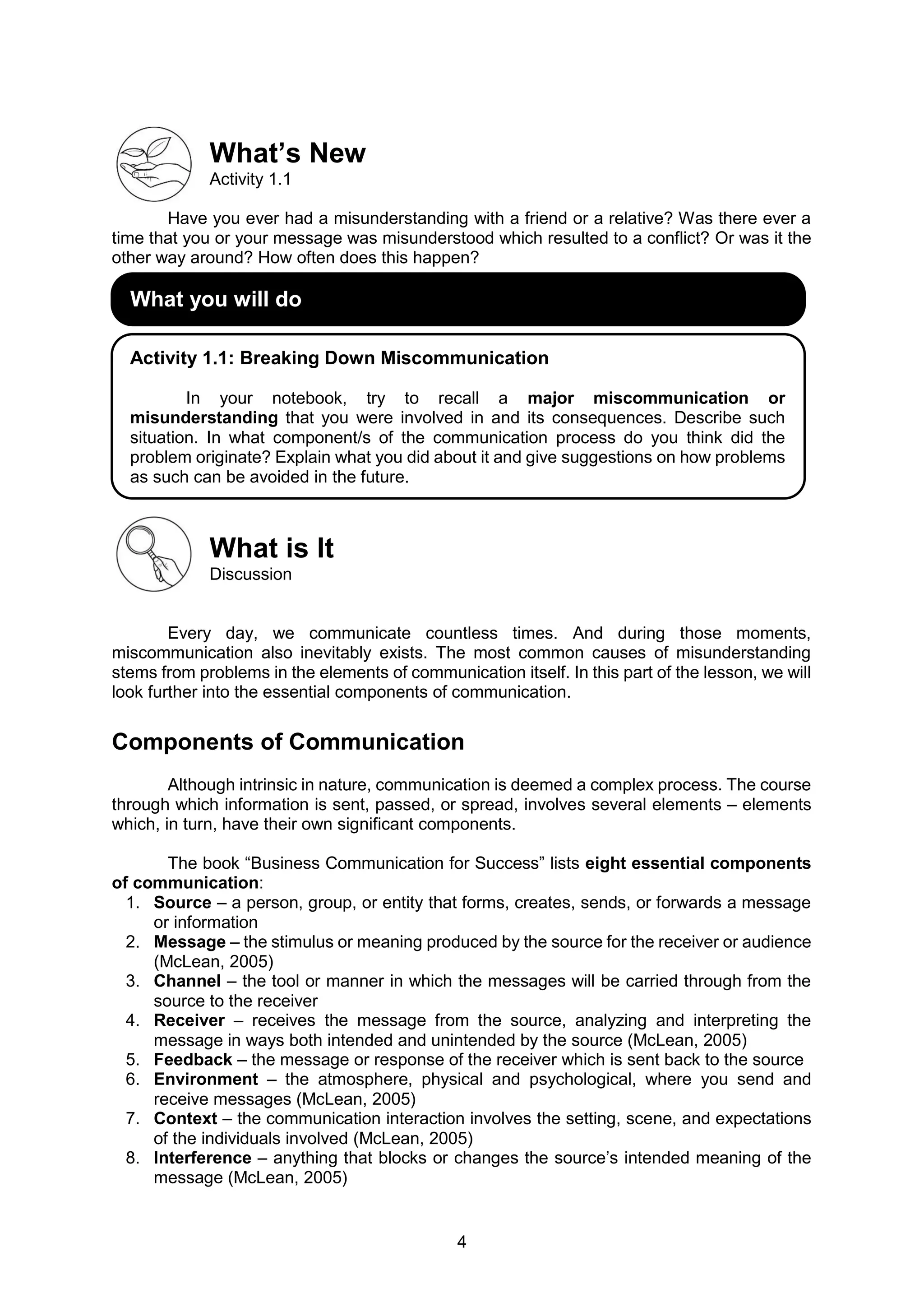 4
What’s New
Activity 1.1
Have you ever had a misunderstanding with a friend or a relative? Was there ever a
time that you or your message was misunderstood which resulted to a conflict? Or was it the
other way around? How often does this happen?
What is It
Discussion
Every day, we communicate countless times. And during those moments,
miscommunication also inevitably exists. The most common causes of misunderstanding
stems from problems in the elements of communication itself. In this part of the lesson, we will
look further into the essential components of communication.
Components of Communication
Although intrinsic in nature, communication is deemed a complex process. The course
through which information is sent, passed, or spread, involves several elements – elements
which, in turn, have their own significant components.
The book “Business Communication for Success” lists eight essential components
of communication:
1. Source – a person, group, or entity that forms, creates, sends, or forwards a message
or information
2. Message – the stimulus or meaning produced by the source for the receiver or audience
(McLean, 2005)
3. Channel – the tool or manner in which the messages will be carried through from the
source to the receiver
4. Receiver – receives the message from the source, analyzing and interpreting the
message in ways both intended and unintended by the source (McLean, 2005)
5. Feedback – the message or response of the receiver which is sent back to the source
6. Environment – the atmosphere, physical and psychological, where you send and
receive messages (McLean, 2005)
7. Context – the communication interaction involves the setting, scene, and expectations
of the individuals involved (McLean, 2005)
8. Interference – anything that blocks or changes the source’s intended meaning of the
message (McLean, 2005)
What you will do
Activity 1.1: Breaking Down Miscommunication
In your notebook, try to recall a major miscommunication or
misunderstanding that you were involved in and its consequences. Describe such
situation. In what component/s of the communication process do you think did the
problem originate? Explain what you did about it and give suggestions on how problems
as such can be avoided in the future.
 