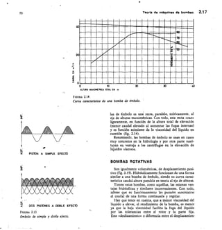 o_
o_
PISTON A SIMPLE EFECTO
DOS PISTONES A DOBLE EFECTO
FIGURA 2.13
Émbolo de simple y doble efecto.
diii11111111,	 ii111111111,
/
1111111111111,11111011111111111111111111111111
73 Teoria de máquinas de bombeo 2.1 7
40
00
70
20
0
0	 10
ALTURA MANOMETRIGA TO AL EN m
30
	
40
FIGURA 2.14
Curva característica de una bomba de émbolo.
las de émbolo •es una recta, paralela, teóricamente, al
eje de alturas manométricas. Con todo, esta recta «cae»
ligeramente, en función de la altura total de elevación
(menor caudal elevado al aumentar las fugas internas)
y es función asimismo de la viscosidad del líquido en
cuestión (fig. 2.14).
Resumiendo, las bombas de émbolo se usan en casos
muy concretos en la hidrología y por otra parte susti-
tuyen en ventaja a las centrífugas en la elevación de
líquidos viscosos.
BOMBAS ROTATIVAS
Son igualmente volumétricas, de desplazamiento posi-
tivo (fig. 2.15). Hidráulicamente funcionan de una forma
similar a una bomba de émbolo, siendo su curva carac-
terística caudal-altura paralela en teoría al eje de alturas.
Tienen estas bombas, como aquéllas, las mismas ven-
tajas hidráulicas y similares inconvenientes. Con todo,
nótese que su funcionamiento les permite suministrar
el caudal de una forma continuada y regular.
Hay que tener en cuenta, que a menor viscosidad del
líquido a elevar, el rendimiento de la bomba, es menor
ya que la baja viscosidad facilita la fuga del líquido
por las tolerancias entre el rotor y la parte fija.
Este «deslizamiento» o diferencia entre el desplazamien-
 
