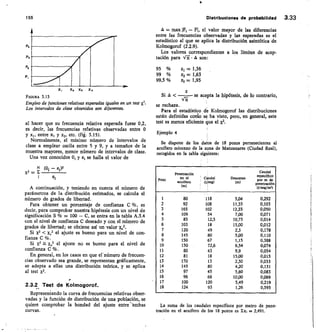 155	 Distribuciones de probabilidad	 3.33
P4
pa
pa
	
Xi	 X2 x, X.
FIGURA 3.15
Empleo de funciones relativas esperadas iguales en un test x'.
Los intervalos de clase obtenidos son diferentes.
al hacer que su frecuencia relativa esperada fuese 0,2,
es decir, las frecuencias relativas observadas entre 0
y xl, entre x1 y x2, etc. (fig. 3.15).
Normalmente, el mínimo número de intervalos de
clase a emplear oscila entre 5 y 9, y a tamaños de la
muestra mayores, menor número de intervalos de clase.
Una vez conocidos 0, y e; se halla el valor de
N (01 — e)2
X2 = 	
1
A continuación, y teniendo en cuenta el número de
parámetros de la distribución estimados, se calcula el
número de grados de libertad.
Para obtener un porcentaje de confianza C %, es
decir, para comprobar nuestra hipótesis con un nivel de
significación S % = 100 — C. se entra en la tabla A.3.4
con el nivel de confianza C deseado y con el número de
grados de libertad; se obtiene así un valor xe2.
Si x2  x2 el ajuste es bueno para un nivel de con-
fianza C %.
Si X2 a x 2 el ajuste no es bueno para el nivel de
confianza C%.
En general, en los casos en que el-número de frecuen-
cias observado sea grande, se representan gráficamente,
se adapta a ellas una distribución teórica, y se aplica
al test x2.
2.3.2 Test de Kolmogorot
Represeniando la curva de frecuencias relativas obser-
vadas y la función de distribución de una población, se
quiere comprobar la bondad del ajuste entre—ambas
curvas.
= max E1 - FI, el valor mayor de las diferencias
entre las frecuencias observadas y las esperadas es el
estadístico al que se aplica la distribución asintótica de
Kolmogorof (2.2.9).
Los valores correspondientes a los límites de acep-
tación para Vff- S son:
95 % = 1,36
99 % z2 = 1,63
99,5 % z3 = 1,95
Si A  	 se acepta la hipótesis, de lo contrario,
VE
se rechaza.
Para el estadístico de Kolmogorof las distribuciones
están definidas conio sç ha visto, pero, en general, este
test es menos eficiente que el x2.
Ejemplo 4
Se dispone de los datos de 18 pozos pertenecientes al
acuífero mioceno de la zona de Manzanares (Ciudad Real),
recogidos en la tabla siguiente:
Pozo
Penetración
en el
acultero
(m)
Caudal
(Iirseg)
Descenso
(m)
Caudal
especifico
por m de
penetración
(1/seg/m2)
1 80 118 5,04 0,292
2 92 108 11,35 0,103
3 165 102 12,35 0,050
4 109 54 7,00 0,071
5 85 12,5 10,75 0,014
6 103 18 15,00 0,012
7 120 49 2,3 0,178
8 145 80 5,00 0,110
9 150 67 1,15 0,388
/0 150 72,6 6,54 0,074
11 80 43 9,9 0,054
12 81 18 15,00 0,015
13 170 13 2,30 0,033
14 145 80 4,20 0,131
15 97 45 5,60 0,083
16 96 66 10,00 0,069
17 100 120 5,49 0,219
18 124 93 1,26 0,595
La suma de los caudales específicos por metro de pene-
tración en el acuífero de los 18 pozos es tx, = 2,491.
 