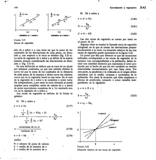 da
da
(3.78)	 y
(3.79)
Etcyan 3.22
Situación relativa de las rectas de regresión.
165
	
Correlación y regresión 3.43
(a)
REBRESION DE Y SOBRE X REBRESION DE X SOBRE Y
B) De x sobre y
x = a' + b'y
b' — 	 -
Sy2
a' = 2 — b'y
FIGURA 3.21
Rectas de regresión.
sión de y sobre x a una recta tal que la suma de los
cuadrados de las desviaciones de cada punto, en direc-
ción y, con respecto a la recta es mínima (fig. 3.21 a).
La recta de regresión de x sobre y se define de la misma
manera, aunque considerando las desviaciones en direc-
ción x (fig. 3.21 b).
De esta definición se deduce que se trata de un ajuste
por mínimos cuadrados, ya que este método obtiene la
curva tal que la suma de los cuadrados de la distancia
de cada punto de la muestra a dicha curva sea mínima,
curva que en la regresión lineal es una recta. En el caso
de la regresión de y sobre x se considera x como varia-
ble independiente, y por tanto la recta obtenida se puede
emplear para completar series de valores de y a partir
de series equivalentes completas de x. Lo contrario ocu-
rre en la regresión de x sobre y.
Las rectas de regresión se definen de la forma si-
guiente:
A) De y sobre x
y = a + bx	 (3.77)
lx
Z (x1 — 50(Y1 — Y)
N
b=
1	 N
— 212
N
covarianza de (x,
varianza de x
a = y —
sienao:
N = número de pares de valores
= media de la muestra de x
= media de la muestra de y
Las dos rectas de regresión se cortan por tanto en
el punto (2, y).
Algunas veces se emplea la llamada recta de regresión
ortogonal, en la que se toman las desviaciones perpen-
dicularmente a la recta. La situación relativa de las tres
rectas de regresión puede apreciarse en la figura 3.22.
Un punto que ly que destacar es que las ecuaciones
indicadas corresponden a las rectas de regresión de la
muestra. Las correspondientes a la población, deben in-
cluir una cantidad aleatoria que representa el error pro-
ducido por el hecho de que las dos variables no estarán
relacionadas necesariamente por una línea recta. Por
otra parte, la pendiente y la ordenada en el origen deben
calcularse con la media, varianza y covarianza de la
población. Por tanto la ecuación que debe emplearse a
efectos de predicción, tomando x como variable inde-
pendiente, es la siguiente:
y = a + fi +
fi =
o.11
(3.83)
a = — fhly
 