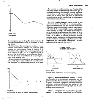 171
	
Series cronológicas 3.49
FIGURA A.3.2
Correlograma.
el correlograma, que es la gráfica de la variación de
aquellos coeficientes en función de su número de orden
(fig. A.3.2).
Series continuas dan correlogramas continuos, y series
discretas, correlogramas discretos. La forma del corre-
lograma está estrechamente ligada al carácter de la
serie. Si una serie es periódica su correlograma también
lo es, pasando de +1 a —1 en un período igual al de
la serie. Una serie lineal da un correlograma lineal, y
una serie de valores independientes da un correlograma
como el de la figura A.3.3.
El correlograma de una serie, y por tanto la propia
serie, puede reproducirse combinando varias funciones
que responden a diferentes características de la serie.
Por ejemplo, se puede combinar una función cíclica
con cierto número de armónicos y una función que re-
presenta la tendencia. Son estudios bastante complejos,
pues se trata no sólo de reproducir una función com-
plicada sino de decidir hasta que grado de precisión es
económicamente factible reproducirla, en comparación
con la información obtenida.
A.3.1.2.2. Análisis espectral. Es un método de tipo
matemático similar al estudio de la autocorrelación, y
conectado estrechamente con éste. Se trata de estudiar
el llamado espectro de densidad, que es la relación entre
cada intervalo de frecuencias y la varianza explicada por
dicho intervalo se cutriple que el área encerrada por la
curva es igual a la varianza total. En el caso de series
periódicas amortignadas, se presenta una serie de armó-
nicos. Con el análisis de varianza o densidad espectral
se puede decidir, a un cierto nivel de confianza, cuales
son los armónicos que influyen significativamente. Hay
una relación muy clara entre el correlograma y la densi-
dad espectral de una serie (fig. A.3.4).
• 1- SERIES CICUCAS
II - MODELOS LINEALES (11ARK0V)
III	 SERIES INDEPENDIENTES
d.
(a)
	
(b)
FIGURA A.3.3
Correlograma de series de valores independientes.
CCRRELOGRANA
	
DENSIDAD ESPECTRAL
FIGURA A.3.4
Relación entre correlograma y densidad espectral.
A.3.12.3. Amplitud de variación (Range). Consiste
en el estudio de las desviaciones acumuladas con res-
pecto a la media. De este modo se obtienen los déficits
o excesos acumulados. Existe toda una teoría estadística
dedicada a estudiar este fenómeno que resulta muy útil
en problemas de almacenamiento y regulación de siste-
mas de recursos hidráulicos.
A3.12.4. Conjuntos de características parecidas
(Runs). Es una teoría desarrollada para el estudio
2
	
3
 