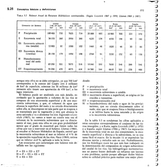 5.26	 Conceptos básicos y definiciones 272
TABLA 5.3 Balance Anual de Recursos Hidráulicos continentales. (Según Lvovitch 1967 y 1970; Llamas 1966 y 1967)
Elementos del Balance
Global
(148.106
km1
km2)
mm
Europa
(9,8.106
km3
km)
mm
Áfica
(30,5 .106
km)
km1)
mm
Ru
(21,9.106
km3
ia
km2)
mm
Espana
(0,49.106
km,
km2)
mm
P	 Precipitación 108 400 730 7025 714 20 800 683 10 960 500 331 670
E	 Escorrentía total 38 150 260 2950 300 4220 139 4350 198 95 190
ES	 Escorrentía subterrá-
nea (estable) 12 000 81 1000 102 1460 48 1020 46 30 60
ED	 Escorrentía directa
(crecidas) 26 150 179 1950 198 2760 91 3330 152 65 130
H	 Humedecimiento
total del suelo
real 83 250 551 5075 516 18 040
.
592 7630 348 266 540
ET	 Evapotranspiración 70 250 470 4075 414 16 580 544 6610 302 236 480
aunque esta cifra no se debe extrapolar, ya que 300 km3
corresponden a la cuenca del Caspio con 2 millones
de km2 de superficie, mientras los 30 millones de km2
restantes sólo tienen una aportación de 450 km3, a los
lagos interiores.
El balance puede ser analizado con más detalle, re-
cordando que la aportación o volumen de los ríos se
compone de una escorrentía superficial y de una esco-
rrentía subterránea, y que, el volumen de agua que
alcanza la superficie del suelo y no circula directamente
sobre ella, se descompone emuna parte que se evapora o
es transpirada por la vegetación y otra que alcanza la
zona saturada y va a alimentar los ríos. Siguiendo a Lvo-
vitch (1967), no vamos a tener en cuenta esta vez el
volumen de la escorrentía subterránea que va directa-
mente al mar, pues esta cifra es con gran probabilidad
menor que el grado de exactitud que tienen todas las
cifras que van a intervenir en el balance. Llamas (1966),
al estudiar el Balance Hidráulico de España, estimó que
la escorrentía subterránea al mar es inferior al 4 % de
la aportación superficial de los ríos; Nace (1969), estima
que es inferior a1.5 %, aplicada a toda la tierra.
.
Las ecuaciones que caractedzan este balance más de-
taltádo son las siguientes:
P = ES + ED + ET
H -= P — ES = ES + ET
E = ES + ED
donde:
P	 precipitación
E = escorrentía total
ES = escorrentía subterránea o estable
ED = escorrentía directa o superficial; se origina en las
crecidas o tormentas.
ET = evapotranspiración real
H = humedecimiento del suelo o agua de las precipi-
taciones, que no circula directamente sobre el
suelo, sino que se evapora física o biológicamente
o se infiltra hasta la zona saturada y da origen
a la escorrentía subterránea.
En la tabla 5.3 se condensan las cifras aplicables a
estos conceptos correspondientes al conjunto de las tie-
rras emergidas, y a Rusia, según Lvovitch (1967 y 1970)
y a España, según Llamas (1966 y 1967). La separación
de la escorrentía total en sus dos componentes, la esco-
rrentía superficial o directa y la subterránea, no es una
tarea fácil ni exacta. En la sección 11 se expondrán las
diversas teorías y métodos más en uso. Probablemente,
son los hidrólogos rusos los que más han trabajado en
la determinación del componente de origen subterráneo
del caudal de los ríos; los hidrogeólogos norteamerica-
nos no parece hayan dedicado un esfuerzo tan intenso
a este problema, quizás porque albergan dudas básicas
sobre su utilidad práctica para realizar una mejor plani-
II )
 