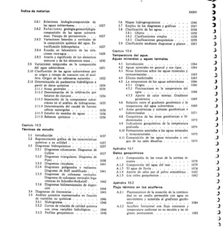 3
3
.,D
1064	 3
1064
)
1065
1065
1066
1066
1066
1069
1069
1071
1073
1074
1075
1075
Indice de materias
2.8.1 Relaciones litologfa-composición	 de
las aguas subterráneas 	 1027
2.8.2 Relaciones geología-geomorfología-
composición de las aguas subterrá-
neas. Tiempo de permanencia .	 .	 .	 1027
2.8.3 Variaciones laterales y verticales	 de
la composición química del agua. Es-
tratificación hidroquímica	 . .	 .	 1027
2.8.4 Estudio	 en laboratorio de las rela-
ciones roca-agua 	 1029
2.8.5 Interés y significado de los elementos
menores y de los elementos traza 	 1030
2.9 Variaciones temporales en la composición
del agua subterránea	 1031
2.10 Clasificación de las aguas subterráneas por
su origen y tiempo de contacto con el acuf-
fero. Origen de las salmueras naturales 	 1032
2.11 Determinación de parámetros hidrológicos a
partir de datos químicos 	 1034
2.11.1 Notas generales 	 1034
2.11.2 Determinación de la infiltración por
balance de cloruros 	 1034
2.11.3 Separación de la componente subte-
rránea en el análisis de hidrogramas.	 1035
2.11.4 Determinación del caudal de fuentes
salinas sumergidas 	 1036
2.11.5 Estudio de mezclas de aguas	 	 1036
2.11.6 Balances	 químicos 	 1036
Capítulo 10.3
Técnicas de estudio
3.1 Introducción	 	 1037
3.2 Representación gráfica de las características
químicas y su utilidad 	 1037
3.3 Diagramas hidroquímicos 	 1037
3.3.1 Diagramas columnares. Diagramas de
Collins	 	 1037
3.3.2 Diagramas triangulares. Diagrama de
Piper 	 1038
3.3.3 Diagramas circulares 	 1041
3.3.4 Diagramas poligonales y radiantes 	
Diagrama de Stiff modificado .	 .	 1041
3.3.5 Diagramas de columnas verticales.
Diagrama de columnas verticales loga-
rítmicas de Schoeller-Berkaloff	 .	 .	 1042
3.3.6 Diagramas bidimensionales de disper-
sión 	 1044
3.4 Diagramas de frecuencias 	 1045
3.5 Análisis químicos representados en función
de variables no químicas 	 1046
3.5.1 Hidrogramas 	 1046
3.5.2 Curvas de relación de calidad química
con otras variables hidrológicas	 1046
3.5.3 Perfiles geoquímicos 	 1046
XXXII
3.6 Mapas hidrogeoquímicos 	 1046
3.7 Empleo de los diagramas y gráficos	 1047
3.8 Clasificación de las aguas 	 1058
3.8.1 Objeto	 	 1058
3.8.2 Clasificaciones simples	 	 1058
3.8.3 Clasificaciones geoquímicas .	 . .	 	 1059
3.9 Clasificación mediante diagramas y planos 	 1063
Capítulo 10.4
Temperatura del agua.
Aguas minerales y aguas termales
4.1 Introducción	 	
42 Aguas minerales en general y sus tipos 	
4.3 Notas históricas sobre las aguas minerales y
termominerales 	
4.4 Efectos medicinales 	
4.5 La temperatura de las aguas subterráneas
4.5.1 Origen	 	
4.5.2 Fluctuaciones en la temperatura del
agua 	
4.5.3 Aporte	 de calor interno. Gradiente
geotérmico 	
4.6 Relación entre el gradiente geotérmico y la
temperatura del agua subterránea	 . .	 .
4.7 Áreas geotérmicas y sistemas geotérmicos e
hidrotermales	 	
4.8 Geoquímica de las áreas geotérmicas e hi-
drotermales 	
4.9 Indicadores geoquímicos de la temperatura
prof unda 	
4.10 Formaciones asociadas a las aguas minerales
y termominerales 	
4.11 Composición de las aguas minerales y ori-
gen de las sales disueltas 	
Apéndice 10.1
Datos geoquimicos
A.1.1 Composición de las rocas de la corteza te-
rrestre 	 1078
A.1.2 Composición del agua del mar 	
°7
A.1.3 El agua de Iluvia 	 110788
	
A.1.4 Aporte de sales por el polvo atmosférico	 1082
A.I.5 Los ciclos geoquímicos 	 1082
Apéndice 10.2
Flujo térmico en los acuíferos
A.2.I Planteamiento de la ecuación de la continui-
dad en un medio permeable con agua en
movimiento y sometida al gradiente geotér-
mico 	 1084
A.2.2 Acuífero horizontal con flujo	 constante	 y
temperatura uniforme en su sección y en ré-
gimen permanente 	 1085
 