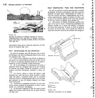 NW
N
0	 I/I I Nra plano cle follo plegodo
1 ' ' -----
pliegues ---II.: (	 —___	 ...,
acostatlos	 --._	 --Ir".-...__,srt-s-----
."--a — -----	 '	 , -. (11
--1.•n•n•••r—'•--=_--ado/	 ' f
..tr	 _
-
-iir.
-• •	 -....
,.
SSE
I)
Al
"5
I.'
-1
Colizas
Anniscos
Plano a•ial
A.PLIEGUE ANT/CLINAL
B.PLIEGUE SINCLINAL
lano anua
ts
110
4.1
1.36 Geología aplicada a la Hidrologia	 36
4.2.2 Clasificación. Tipos más importantes
En toda la superficie terrestre aparecen gran variedad
de pliegues, de distinta naturaleza y tipo que es preciso
clasificar de algún modo. Generalmente, se suelen uti-
lizar dos criterios distintos e independientes que se des-
ct	
criben separadamente. Según el primero de ellos, que
se basa en la posición relativa de las rocas más antiguas
de las que forman el pliegue, estos pueden ser:
a) Anticlinales. Se llaman anticlinales aquellos plie-
gues en los que las rocas o formaciones geológicas más
antiguas quedan en el centro del pliegue, y rodeadas
por rocas más modernas. Es decir, se trata de pliegues
b)	 en forma de bóveda (fig. 1.22 A donde las calizas de
edad más moderna encierran las areniscas más antiguas).
FIGURA 1.21
Ejemplos de pliegues. a) Pliegues asociados en abanico
(Meléndez-Fúster, 1973, pág. 325). b) Pliegues acostados
de los Alpes Suizos (tomado de Gilluly, Waters y Woodford,
1964, pág. 181).
microscópico hasta arcos o fosas de centenares de kiló-
metros de longitud (fig. 1.21).
4.2.1 Terminología de sus elementos
En todos los pliegues, sean del tipo que sean, es posi-
ble distinguir una serie de elementos básicos tales como
los siguientes (fig. 1.22):
Plano axial o superficie‘que divide al pliegue en
dos partes, tan simétricamente como sea posible. Como
se verá en el apartado siguiente puede ser un plano o
superficie vertical, inclinado y hasta horizontal.
El eje del pliegue es la intersección del plano o
superficie axial con cualquier capa de las que integran
el conjunto del pliegue. Puede ser asimismo, y por las
razones anteriores, horizontal, inclinado o hasta ver-
tical.
Los flancos, planos o ramas del pliegue están
formados por cada una de las zonas situadas a ambos
lados del plano o superficie axial, que se extienden
desde éste hasta el correspondiente plano axial del plie-
gue siguiente en que los estratos adoptan una dispo-
sición horizontal.
Finalmente se denomina charnela a la zona don-
de los estratos cambian de buzamiento, es decir, corres-
ponde a la «divisoria» del pliegue.
e) Se denomina vergencia al valor del ángulo diedro
agudo que el plano axial forma con un plano horizon-
tal (fig. 1.23).
FIGURA 1.22
Elementos principales de un pliegue.
"sy)
Plan•
ax
 