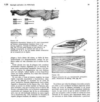 ,
ad
-
ák,	 
ck'X,
11
''	 ,,,
,	 isse-
1.38	 Geologla aplicada a la Hidrología	 38
s
	 N
A
FIGURA 1.25
Plegamiento disarmónico (diapiro en D) como consecuencia
del distinto comportamiento mecánico frente a las
fuerzas orogénicas. (Tomado de Meléndez y Fúster, 1973,
pág. 330). El nivel salino Keuper es muy plástico y se
repliega intensamente, al contrario del resto de las
formaciones. A, B, C, son tres estados ideales consecutivos
de la formación de un diapiro.
c
a)
pliegue o hacia dentro del mismo, se habla de bran-
quianticlinales y/o braquisinclinales, aunque los pri-
meros suelen ser más conocidos con el nombre de do-
mos.
Existe además otro tipo de pliegues más complejos
denominados diapiros originados por la existencia de
rocas cuyas características mecánicas, frente a las fuer-
zas que originan los plegamientos, son muy distintas
como por ejemplo, calizas rígidas y rocas evaporíticas
(yesos, sal común, anhidrita, etc.) todas ellas extraordi-
nariamente plásticas.
En este caso, y frente al empuje orogénico las rocas
rígidas responden arqueándose o fracturándose, mien-
tras que las plásticas se acumulan en las zonas de
menor resistencia, fluyendo plásticamente hacia arriba,
llegando a desaparecer de los flancos (fig. 1.25). Final-
mente, es preciso no olvidar también los llamados plie-
gues inclinados, cuyo eje se inclina hacia el interior del
terreno («plunging folds», en la literatura anglosajona),
constituidos por cualquier tipo de los ya mencionados,
pero cuyo eje está inclinado mediante un cierto ángulo
con la horizontal (fig. 1.26), formando los llamados en
español pliegues buzantes, de cabeceo o soterrados.
FIGURA 1.26
Pliegues inclinados (a) y su representación cartográfica
plana. (Modificado de Billings, 1960, pág. 48).
Es evidente que todos los pliegues si no están cortados
por fallas u otros accidentes tectónicos especiales deben
acabar en forma de pliegues inclinados (o en forma
periclinal), puesto que no pueden extenderse indefinida-
mente. Lo que ocurre es que se suelen considerar plie-
gues muy alargados y sólo se tienen en cuenta las zonas
centrales de los mismos, pero lógicamente deben tener
sus extremos en dicha forma semicircular o periclinal.
j
jd
hn
 