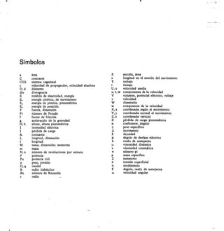 Símbolos
CGS
D, d
div
E.
Fr
H, h
N, n
Pu
Q, q
It
Re
área
constante
sistema cegesimal
velocidad de propagación, velocidad absoluta
diámetro
divergencia
módulo de elasticidad, energía
energía cinética, de movimiento
energía de presión, piezométrica
energía de posición
fuerza, dimensión
número de Froude
factor de fricción
aceleración de la gravedad
altura, altura piezométrica
intensidad eléctrica
pérdida de carga
constante
longitud, dimensión
longitud
masa, dimensión; momento
masa
número de revoluciones por minuto
potencia
potencia útil
peso, presión
caudal
radio hidráulico
número de Reynolds
radio
sección, área
longitud en el sentido del movimiento
trabajo
tiempo
velocidad media
componentes de la velocidad
volumen, potencial eléctrico, voltaje
velocidad
dimensión
componente de la velocidad
coordenada según el movimiento
coordenada normal al movimiento
coordenada vertical
pérdida de carga piezométrica
coeficiente, ángulo
peso específico
incrementoi
densidad
ángulo de desfase eléctrico
razón de semejanza
viscosidad dinámica
viscosidad cinemática
número pi
masa específica
sumatorio
tensión superficial
rendimiento
ángulo, razón de semejanza
velocidad angular
 
