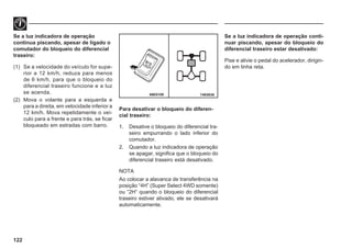 122
Se a luz indicadora de operação
continua piscando, apesar de ligado o
comutador do bloqueio do diferencial
traseiro:
(1) Se a velocidade do veículo for supe-
rior a 12 km/h, reduza para menos
de 6 km/h, para que o bloqueio do
diferencial traseiro funcione e a luz
se acenda.
(2) Mova o volante para a esquerda e
para a direita, em velocidade inferior a
12 km/h. Mova repetidamente o veí-
culo para a frente e para trás, se ficar
bloqueado em estradas com barro.
Para desativar o bloqueio do diferen-
cial traseiro:
1. Desative o bloqueio do diferencial tra-
seiro empurrando o lado inferior do
comutador.
2. Quando a luz indicadora de operação
se apagar, significa que o bloqueio do
diferencial traseiro está desativado.
NOTA
Ao colocar a alavanca de transferência na
posição “4H” (Super Select 4WD somente)
ou “2H” quando o bloqueio do diferencial
traseiro estiver ativado, ele se desativará
automaticamente.
Se a luz indicadora de operação conti-
nuar piscando, apesar do bloqueio do
diferencial traseiro estar desativado:
Pise e alivie o pedal do acelerador, dirigin-
do em linha reta.
74E0036
69E0109
 
