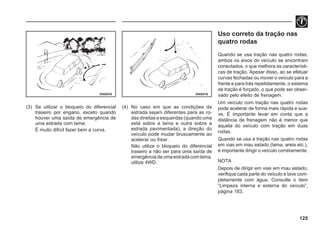 125
(3) Se utilizar o bloqueio do diferencial
traseiro por engano, exceto quando
houver uma saída de emergência de
uma estrada com lama:
É muito difícil fazer bem a curva.
I34A016 I34A016
(4) No caso em que as condições da
estrada sejam diferentes para as ro-
das direitas e esquerdas (quando uma
está sobre a lama e outra sobre a
estrada pavimentada), a direção do
veículo pode mudar bruscamente ao
acelerar ou frear.
Não utilize o bloqueio do diferencial
traseiro a não ser para uma saída de
emergênciadeumaestradacomlama,
utilize 4WD.
Uso correto da tração nas
quatro rodas
Quando se usa tração nas quatro rodas,
ambos os eixos do veículo se encontram
conectados, o que melhora as característi-
cas de tração. Apesar disso, ao se efetuar
curvas fechadas ou mover o veículo para a
frente e para trás repetidamente, o sistema
de tração é forçado, o que pode ser obser-
vado pelo efeito de frenagem.
Um veículo com tração nas quatro rodas
pode acelerar de forma mais rápida e sua-
ve. É importante levar em conta que a
distância de frenagem não é menor que
aquela do veículo com tração em duas
rodas.
Quando se usa a tração nas quatro rodas
em vias em mau estado (lama, areia etc.),
é importante dirigir o veículo corretamente.
NOTA
Depois de dirigir em vias em mau estado,
verifique cada parte do veículo e lave com-
pletamente com água. Consulte o item
“Limpeza interna e externa do veículo”,
página 183.
 