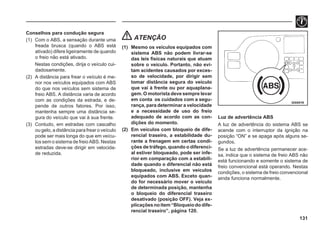 131
Conselhos para condução segura
(1) Com o ABS, a sensação durante uma
freada brusca (quando o ABS está
ativado) difere ligeiramente de quando
o freio não está ativado.
Nestas condições, dirija o veículo cui-
dadosamente.
(2) A distância para frear o veículo é me-
nor nos veículos equipados com ABS
do que nos veículos sem sistema de
freio ABS. A distância varia de acordo
com as condições da estrada, e de-
pende de outros fatores. Por isso,
mantenha sempre uma distância se-
gura do veículo que vai à sua frente.
(3) Contudo, em estradas com cascalho
ou gelo, a distância para frear o veículo
pode ser mais longa do que em veícu-
los sem o sistema de freio ABS. Nestas
estradas deve-se dirigir em velocida-
de reduzida.
ATENÇÃO
(1) Mesmo os veículos equipados com
sistema ABS não podem livrar-se
das leis fisícas naturais que atuam
sobre o veículo. Portanto, não evi-
tam acidentes causados por exces-
so de velocidade, por dirigir sem
tomar distância segura do veículo
que vai à frente ou por aquaplana-
gem. O motorista deve sempre levar
em conta os cuidados com a segu-
rança, para determinar a velocidade
e a necessidade de uso do freio
adequado de acordo com as con-
dições do momento.
(2) Em veículos com bloqueio de dife-
rencial traseiro, a estabilidade du-
rante a frenagem em certas condi-
ções de tráfego, quando o diferenci-
al estiver bloqueado, pode ser infe-
rior em comparação com a estabili-
dade quando o diferencial não está
bloqueado, inclusive em veículos
equipados com ABS. Exceto quan-
do for necessário mover o veículo
de determinada posição, mantenha
o bloqueio do diferencial traseiro
desativado (posição OFF). Veja ex-
plicaçõesnoitem“Bloqueiododife-
rencial traseiro”, página 120.
Luz de advertência ABS
A luz de advertência do sistema ABS se
acende com o interruptor da ignição na
posição “ON” e se apaga após alguns se-
gundos.
Se a luz de advertência permanecer ace-
sa, indica que o sistema de freio ABS não
está funcionando e somente o sistema de
freio convencional está operando. Nestas
condições, o sistema de freio convencional
ainda funciona normalmente.
I24A019
 