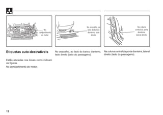 12
Etiquetas auto-destrutíveis
Estão alocadas nos locais como indicam
as figuras.
No compartimento do motor.
No
compartimento
do motor
No assoalho, ao
lado do banco
dianteiro, lado
direito
Na coluna
central da porta
dianteira,
lateral direito
No assoalho, ao lado do banco dianteiro,
lado direito (lado do passageiro).
Na coluna central da porta dianteira, lateral
direito (lado do passageiro).
 