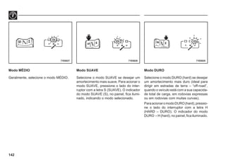142
Modo MÉDIO
Geralmente, selecione o modo MÉDIO.
Modo SUAVE
Selecione o modo SUAVE se desejar um
amortecimento mais suave. Para acionar o
modo SUAVE, pressione o lado do inter-
ruptor com a letra S (SUAVE). O indicador
do modo SUAVE (S), no painel, fica ilumi-
nado, indicando o modo selecionado.
71E0027 71E0026 71E0025
Modo DURO
Selecione o modo DURO (hard) se desejar
um amortecimento mais duro (ideal para
dirigir em estradas de terra – “off-road”,
quando o veículo está com a sua capacida-
de total de carga, em rodovias expressas
ou em rodovias com muitas curvas).
ParaacionaromodoDURO(hard),pressio-
ne o lado do interruptor com a letra H
(HARD – DURO). O indicador do modo
DURO – H (hard), no painel, fica iluminado.
 