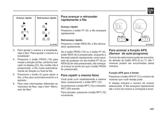 147
3. Para ajustar o volume e a tonalidade,
veja o item “Para ajustar o volume e a
tonalidade”.
4. Pressione o botão PROG (19) para
mudar a direção da fita, conforme indi-
cado no display (22). Se o botão não é
pressionado, a fita muda automatica-
mente de direção no final da fita.
5. Pressione o botão (4) para ejetar a
fita; a fita pára automaticamente e é
ejetada.
6. Para mais informações referentes ao
manuseio de fitas, veja o item “Manu-
seio de fitas”.
H11A188 H11A163
Para avançar e retroceder
rapidamente a fita
Avanço rápido
Pressione o botão FF (9); a fita avançará
rapidamente.
Retrocesso rápido
Pressione o botão REW (8); a fita retroce-
derá rapidamente.
Se o botão PROG (19) ou o botão FF (9),
botão REW (8) é pressionado, enquanto a
fita está rodando rapidamente, como resul-
tado de qualquer um dos botões FF (9) ou
REW (8) ter sido pressionado, ela começa-
rá a tocar no ponto em que o botão PROG
foi pressionado.
Para repetir a mesma faixa
Você pode ouvir repetidamente a mesma
faixa, pressionando o botão RPT (10).
Ao pressionar o botão RPT (10) o indicador
RPT (26) acende.
Para cancelar, pressione o botão RPT (10)
novamente.
Para acionar a função APS
(Sensor de auto-programa)
O início de cada música pode ser encontra-
do através do botão APS (6 ou 7). Até 7
músicas podem ser encontradas desta
maneira.
Função APS para a frente:
Pressione o botão APS FF (7) o número de
músicas que você deseja pular.
O display indicará o número da música
selecionada. A fita avançará rapidamente
até o início da música e começará a tocar.
Avanço rápido Retrocesso rápido
 