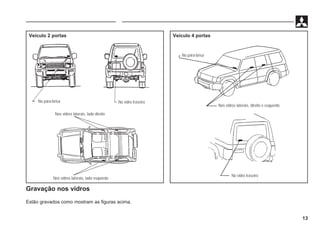 13
Gravação nos vidros
Estão gravados como mostram as figuras acima.
Veículo 2 portas Veículo 4 portas
No pára-brisa No vidro traseiro
Nos vidros laterais, lado direito
Nos vidros laterais, lado esquerdo
No pára-brisa
Nos vidros laterais, direito e esquerdo
No vidro traseiro
 