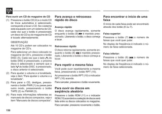 150
Para ouvir um CD do magazine de CD
(1) Pressione o botão CD (4) e o modo CD
de troca automática é selecionado,
começando a tocar o CD. Se o sistema
está equipado com um sistema de CD,
cada vez que o botão é pressionado
um disco do CD ou do magazine de CD
é tocado alternadamente.
OBSERVAÇÃO
Até 10 CD’s podem ser colocados no
magazine de CD’s.
Para selecionar um disco colocado no
magazine de CD’s, pressione o botão
DISC (5). Cada vez que o lado do
botão DISC é pressionado, o próximo
disco é selecionado e sempre que o
lado do botão DISC é pressionado,
o disco anterior é selecionado.
(2) Para ajustar o volume e a tonalidade,
veja o item “Para ajustar o volume e a
tonalidade”.
(3) Para parar o CD, desligue, pressio-
nando o botão PWR (1) ou passe para
outro modo, pressionando o botão
TAPE (2) ou FM/AM (3).
(4) Para mais informações referentes ao
manuseio de discos compactos, veja o
item “Manuseio de discos compactos”.
Para avanço e retrocesso
rápido do disco
Avanço rápido
O disco avança rapidamente, somente
enquanto o botão (9) é mantido pres-
sionado. Liberando o botão, o disco começa
a tocar.
Retrocesso rápido
O disco retorna rapidamente, somente en-
quanto o botão (8) é mantido pressio-
nado. Liberando o botão o disco começa a
tocar.
Para repetir a mesma faixa
Você pode ouvir repetidamente a mesma
faixa, pressionando o botão RPT (10).
Ao pressionar o botão RPT (10) o indicador
RPT (16) acende.
Para cancelar, pressione o botão novamente.
Para ouvir os discos em
seqüência aleatória
Pressione o botão RDM (11) e o indicador
RDM(15)acenderáeaseleçãodediscosserá
feita entre os discos colocados no magazine.
Para cancelar, pressione novamente o botão.
Para encontrar o início de uma
faixa
O início de cada faixa pode ser encontrado
através dos botão (6 ou 7).
Faixa superior:
Pressione o botão (7) o número de
faixas que você quer pular.
No display de freqüência é indicado o nú-
mero da faixa selecionada.
Faixa inferior:
Pressione o botão (6) o número de
faixas que você quer pular.
No display de freqüência é indicado o nú-
mero da faixa selecionada.
 