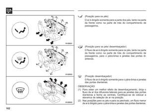 H13D033
H13D032
H13D031
162
(Posição para os pés)
O ar é dirigido somente para a parte dos pés, tanto na parte
da frente como na parte de trás do compartimento de
passageiros.
(Posição para os pés/ desembaçador)
O fluxo de ar é dirigido somente para os pés, tanto na parte
da frente como na parte de trás do compartimento de
passageiros, para o pára-brisa e janelas das portas di-
anteiras.
(Posição desembaçador)
O fluxo de ar é dirigido somente para o pára-brisa e janelas
das portas dianteiras.
OBSERVAÇÃO
(1) Para obter um melhor efeito de desembaçamento, dirija o
fluxo de ar dos difusores laterais para as janelas das portas
dianteiras e feche as centrais. Certifique-se de colocar a
alavanca de seleção de ar na posição.
(2) Nas posições para os pés e para os pés/rosto, um fluxo menor
de ar é dirigido para o pára-brisa e janelas das portas dianteiras.
 