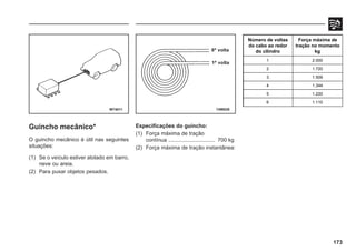 173
W74011 74W029
Guincho mecânico*
O guincho mecânico é útil nas seguintes
situações:
(1) Se o veículo estiver atolado em barro,
neve ou areia.
(2) Para puxar objetos pesados.
Especificações do guincho:
(1) Força máxima de tração
contínua ............................... 700 kg
(2) Força máxima de tração instantânea:
Número de voltas
do cabo ao redor
do cilindro
Força máxima de
tração no momento
kg
1 2.000
2 1.720
3 1.509
4 1.344
5 1.220
6 1.110
6ª volta
1ª volta
 