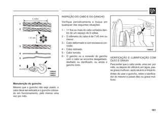 181
Manutenção do guincho
Mesmo que o guincho não seja usado, o
cabo deve ser esticado e o guincho coloca-
do em funcionamento, pelo menos uma
vez por mês.
INSPEÇÃO DO CABO E DO GANCHO
Verifique periodicamente e troque em
quaisquer das seguintes situações:
1 - 11 fios ou mais do cabo cortados den-
tro de um espaço de 6 voltas.
2 - O diâmetro do cabo é de 7,45 mm ou
menor.
3 - Cabo deformado e com excessiva cor-
rosão.
4 - Cabo dobrado.
5 - Cabo torcido.
6 - O gancho ou a conexão do gancho
com o cabo se encontra desgastado,
desfiado ou danificado, ou ainda o
gancho torto.
74W020
74W021
74W027
74W028
6 voltas
7.45 mm
1
2
3
4
5
6
VERIFICAÇÃO E LUBRIFICAÇÃO COM
ÓLEO E GRAXA
Para evitar que o cabo oxide, uma vez por
mês, ou depois de utilizá-lo em água, pas-
se graxa multiuso, após secá-lo e limpá-lo.
Antes de usar o guincho, retire o lubrifica-
dor do mesmo e passe óleo ou graxa mul-
tiuso.
 