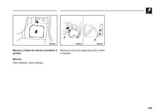 195
Macaco e haste do macaco (modelos 2
portas)
Macaco
Para utilizá-lo, abra a tampa.
Remova a porca de segurança (A) e retire
o macaco.
73E0032 73E0034
A
A
73E0033
 