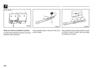 196
Haste do macaco (modelos 2 portas)
A haste está localizada embaixo do banco
bipartido, lado esquerdo.
Faça pressão sobre o anel do meio (C) e
puxe a haste.
Para guardar a haste, faça pressão no anel
do meio e insira a haste, até que esteja
corretamente travada.
73G0161 73G0162
C
Banco bipartido
73E0016
B
 