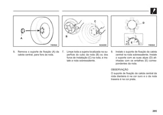 205
6. Remova o suporte de fixação (A) da
calota central, para fora da roda.
7. Limpe toda a sujeira localizada na su-
perfície do cubo da roda (B) ou dos
furos de instalação (C) na roda, e ins-
tale a roda sobressalente.
8. Instale o suporte de fixação da calota
central na roda sobressalente. Instale
o suporte com as suas alças (D) ali-
nhadas com os entalhes (E) corres-
pondentes da roda.
OBSERVAÇÃO
O suporte de fixação da calota central da
roda dianteira é na cor ouro e o da roda
traseira é na cor prata.
73E0042 N24A095 73E0043
A
B
C
D
E
 