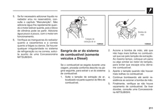 211
5. Se for necessário adicionar líquido no
radiador e/ou no reservatório, con-
sulte o capítulo “Manutenção”. Não
adicione água fria rapidamente quan-
do o motor estiver quente, pois o bloco
de cilindros pode se partir. Adicione
água pouco a pouco, com o motor em
funcionamento.
6. Verifique as mangueiras do radiador
quanto a vazamentos e a correia
quanto a folgas ou danos. Se houver
qualquer irregularidade no sistema
de refrigeração ou na correia, solici-
te auxílio de uma Concessionária
MITSUBISHI.
72W528 72W529
Bomba de
mão
Tampão de
extração de ar
Sangria de ar do sistema
de combustível (somente
veículos a Diesel)
Se o combustível se esgota durante uma
viagem, proceda conforme descrito na pá-
gina seguinte, para extrair o ar do sistema
de combustível.
1. Solte o tampão de extração de ar,
localizado na parte superior do filtro de
combustível.
2. Acione a bomba de mão, até que
não haja mais bolhas no combustí-
vel que sai pelo tampão de extração.
Ao mesmo tempo, coloque um pano
ou algo similar ao redor do tampão,
para evitar que escape e/ou derra-
me combustível.
3. Aperte o tampão quando não houver
mais bolhas no combustível.
4. Continue bombeando até sentir re-
sistência ao acionar a bomba de mão.
5. Finalmente, verifique se não houve
vazamento de combustível. Se tiver
dúvidas, consulte uma Concessioná-
ria MITSUBISHI.
 
