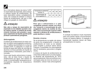 236
Se o nível estiver abaixo da marca “LOW”
no reservatório de expansão, abra a tampa
e coloque líquido de arrefecimento. Se
esse reservatório estiver completamente
vazio, tire a tampa do radiador e coloque
líquido de arrefecimento, até que o nível
chegue ao gargalo do reservatório.
ATENÇÃO
Não abra a tampa do reservatório de
expansão ou do radiador quando o mo-
tor estiver quente. O sistema de arrefe-
cimento funciona sob pressão e qual-
quer vazamento do líquido quente pode
produzir queimaduras perigosas.
Anticongelante
O sistema de arrefecimento do motor con-
tém um aditivo anticongelante e anticorro-
sivo. O aditivo recomendado é o Long Life
Coolant C470. O cabeçote e o corpo da
bomba de água são feitos de uma liga de
alumínio e a troca periódica do líquido de
arrefecimento é necessária, para evitar a
corrosão.
Como este líquido anticorrosivo é neces-
sário, não se deve trocar o líquido de
arrefecimento por água, nem mesmo no
verão. A concentração necessária de an-
ticongelante depende da temperatura
ambiente.
Temperatura ambiente
mínima °C
-10 -20 -30 -45
Concentração de
anticongelante %
30 40 50 60
ATENÇÃO
Para que o anticorrosivo e o anti-
congelante possam manter sua eficá-
cia, conserve a concentração de anti-
congelante dentro da medida de 30 a
60%. Uma concentração superior a 60%
reduzirá a eficácia do arrefecimento e
pode danificar o motor.
Durante o inverno
Se as temperaturas na região vão abaixo
do ponto de congelamento, o líquido de
arrefecimento do motor ou do radiador
pode congelar e produzir sérios danos.
Coloque a quantidade de anticongelante
que for necessária, para evitar o congela-
mento.
A mistura de líquido de arrefecimento do
motorfeitanafábricatemumanticongelan-
te eficiente até temperaturas de -30°C
aproximadamente.Deve-severificaracon-
centração antes do início do inverno e, se
necessário, colocar mais anticongelante.
Bateria
A condição da bateria é muito importante
para uma partida rápida e funcionamento
correto do sistema elétrico. A inspeção e
manutenção regulares devem ser feitas
principalmente no inverno.
72R0113
 