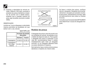 242
(3) Quando a velocidade do veículo ex-
ceder 160km/h (100 mph), aumente a
pressão dos pneus dianteiros e trasei-
ros de acordo com a tabela abaixo,
evitando que a pressão maxima do
pneu seja excedida (somente modelo
3500).
OBSERVAÇÃO
Lembre-se, nunca ultrapasse a velocidade
máxima permitida da localidade em que
estiver com o seu veículo.
kg/cm2
(kPa, psi)
Aumento da pressão
dos pneus
Dianteiro Traseiro
4 passageiros 0,4 (40, 6) 0,2 (20, 3)
4 passageiros
com carga
máxima
0,5 (50, 7) 0,5 (50, 7)
Rodízio de pneus
O desgaste dos pneus varia de acordo com
as condições do veículo, da estrada e com
o hábito de dirigir de cada um. Para igualar
o desgaste dos pneus e prolongar a sua
vida útil, recomendamos fazer o rodízio
imediatamente após notar um desgaste
anormal, ou um desgaste diferente entre
os pneus dianteiros e traseiros.
Normalmente,façaorodízioentreospneus
dianteiros e traseiros do mesmo lado.
Ao fazer o rodízio dos pneus, verifique
danos e desgaste. Desgaste anormal ge-
ralmente é causado por pressão incorre-
ta dos pneus, alinhamento incorreto, falta
de balanceamento das rodas ou freadas
bruscas.
ConsulteasuaConcessionáriaMITSUBISHI
para determinar a causa do desgaste irre-
gular.
73E0075
 