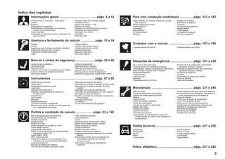 Índice dos capítulos
Informações gerais ............................................págs. 4 a 14
3
Abertura e fechamento do veículo .................págs. 15 a 34
Instrumentos e controles – Vista geral
Interior
Exterior
Instalação de acessórios
Modificações / alterações nos sistemas
elétrico e de combustível
Peças originais
Instruções de segurança para o manuseio de
óleo do motor
Técnicas para uma direção segura
Direção e álcool
Número do chassi – VIN
Número do motor
Plaqueta de identifificação do veículo
Etiquetas auto-destrutíveis
Gravação nos vidros
Emissões
Nível de ruído
Chaves
Portas
Segurança para crianças nas portas traseiras*
Sistema de abertura sem a chave*
Travamento central das portas*
Capô
Tampa traseira
Controle manual dos vidros*
Controle elétrico dos vidros*
Janela deslizantes*
Bascular o teto solar*
Teto solar elétrico
Bancos e cintos de segurança .......................págs. 35 a 66
Ajuste do banco dianteiro
Descansa-braço
Segundo banco
Terceiro banco (bancos voltados para a frente)*
Colocar o banco na posição horizontal
Apoio para cabeça
Cintos de segurança*
Segurança para crianças
Segurança para gestantes
Inspeção dos cintos de segurança
Para guardar os cintos de segurança
Sistema de segurança suplementar (SRS)*
Instrumentos ....................................................págs. 67 a 92
Painel de instrumentos
Velocímetro
Hodômetro/hodômetro parcial
Tacômetro
Indicador de combustível
Indicador de temperatura do líquido de
arrefecimento
Termômetro*
Inclinômetro*
Altímetro*
Bússola eletrônica*
Luzes de controle e indicadoras
Alavanca dos faróis, redutor de intensidade de
luz e indicadores de direção
Interruptor do lavador dos faróis*
Interruptor do limpador e lavador do pára-brisa*
Interruptor do limpador e lavador do vidro
traseiro*
Interruptor das luzes de advertência
Interruptor do desembaçador do vidro traseiro*
Interruptor do farol de neblina*
Reostato (controle de iluminação no painel de
instrumentos)
Interruptor da buzina
Luz interna
Luz do compartimento de bagagem*
Partida e condução do veículo ..................... págs. 93 a 142
Recomendações para amaciamento
Abastecimento de combustível
Direção econômica
Ignição/partida
Partida do motor
Botão de ajuste da rotação do motor*
Transmissão manual
Transmissão automática
Botão do modo de mudança da transmissão
automática (3500 T/A)
Super Select* 4WD
4WD Tempo parcial
Posições da alavanca de mudanças e luz
indicadora de funcionamento 2WD/4WD
Cubos da roda livre*
Bloqueio do diferencial traseiro*
Uso correto da tração nas quatro rodas
Freio de estacionamento
Estacionamento
Freios
Sistema de freio antiblocante (ABS)*
Diferencial de deslizamento limitado*
Ajuste da altura do volante
Direção hidráulica*
Espelho retrovisor interno
Espelhos retrovisores externos
Espelhos retrovisores externos com controle
elétrico*
Sistema de controle para manutenção de
velocidade constante em rodovias
(cruise control)*
Três modos variáveis de absorção de
impactos*
Para uma condução confortável ................págs. 143 a 182
Cuidados com o veículo .............................págs. 183 a 190
Rádio AM/FM com sintonia eletrônica e toca-
fitas estéreo*
Antena manual de coluna*
Antena elétrica*
Ventilação
Aquecimento*
Ar condicionado*
Pára-sol
Espelho de cortesia*
Acendedor de cigarros
Cinzeiros
Tomada para acessórios
Relógio digital*
Porta-objetos
Lâmpada de inspeção
Guincho mecânico*
Limpeza interna do veículo Limpeza externa do veículo
Situações de emergência ............................págs. 191 a 230
Se o veículo ficar sem freio
Funcionamento em condições adversas
Ferramentas, macaco e triângulo de segurança
Para levantar o veículo com o macaco
Roda sobressalente
Troca de pneu
Calota central
Reboque
Superaquecimento do motor
Sangria de ar do sistema de combustível
(somente veículos a Diesel)
Remoção de água do filtro de combustível
(somente veículos a Diesel)
Partida de emergência
Fusíveis
Capacidade de carga dos fusíveis
Troca de fusíveis
Troca de lâmpadas
Manutenção ..................................................págs. 231 a 246
Óleo do motor
Fluido da transmissão automática*
Líquido de arrefecimento do motor
Bateria
Fluido de freio
Fluido da direção hidráulica*
Fluido da embreagem*
Líquido do lavador do pára-brisa
Estado das rodas
Pressão dos pneus
Rodízio de pneus
Correntes para pneus
Vazamentos de combustível, líquido de
arrefecimento do motor, óleo e gases do
escapamento
Funcionamento das luzes internas e externas
Funcionamento dos medidores, indicadores e
luzes indicadoras e de advertência
Folga do volante
Curso livre do pedal da embreagem*
Curso livre do pedal do freio
Alavanca do freio de estacionamento
Lubrificação das dobradiças e fechaduras
Palhetas do limpador do pára-brisa
Aberturas da ventilação
Borrachas de vedação
Equipamento adicional
Dados técnicos .............................................págs. 247 a 256
Índice alfabético ...........................................págs. 257 a 262
Dimensões
Rendimento
Pesos
Motor
Transmissão
Sistema elétrico
Pneus e rodas
Outras especificações
Lubrificação
Capacidades
 