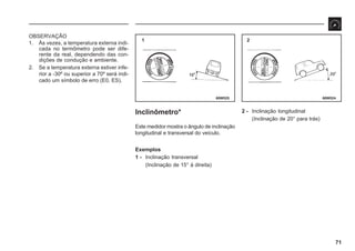 71
68W525 68W524
1 2
OBSERVAÇÃO
1. Às vezes, a temperatura externa indi-
cada no termômetro pode ser dife-
rente da real, dependendo das con-
dições de condução e ambiente.
2. Se a temperatura externa estiver infe-
rior a -30º ou superior a 70º será indi-
cado um símbolo de erro (E0, ES).
Inclinômetro*
Este medidor mostra o ângulo de inclinação
longitudinal e transversal do veículo.
Exemplos
1 - Inclinação transversal
(Inclinação de 15° à direita)
2 - Inclinação longitudinal
(Inclinação de 20° para trás)
 