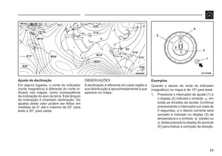 77
68E0084 D11C045
2
4
3
1
Ajuste de declinação
Em alguns lugares, o norte do indicador
(norte magnético) é diferente do norte in-
dicado nos mapas, como conseqüência
da inclinação do eixo da terra. Este ângulo
de inclinação é chamado declinação. Os
ajustes deste valor podem ser feitos em
medidas de 5° até o máximo de 20° para
leste e 20° para oeste.
OBSERVAÇÕES
A declinação é diferente em cada região e
sua distribuição é aproximadamente a que
aparece no mapa.
Exemplos
Quando o desvio do norte do indicador
(magnético) no mapa é de 15º para leste:
1. Pressione o interruptor de ajuste (1) e
o display (2) indicará o símbolo s em
todas as divisões da escala. Continue
pressionando o interruptor por mais de
5 segundos, e o desvio corrente será
somado e indicado no display (3) de
temperatura e o símbolo W (oeste) ou
E (leste) piscará no display do azimute
(4) para indicar a correção da direção.
 