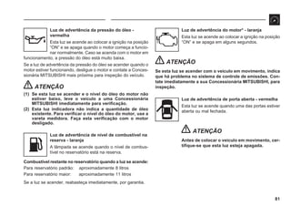 81
Luz de advertência da pressão do óleo -
vermelha
Esta luz se acende ao colocar a ignição na posição
“ON” e se apaga quando o motor começa a funcio-
nar normalmente. Caso se acenda com o motor em
funcionamento, a pressão do óleo está muito baixa.
Se a luz de advertência da pressão do óleo se acender quando o
motor estiver funcionando, desligue o motor e contate a Conces-
sionária MITSUBISHI mais próxima para inspeção do veículo.
ATENÇÃO
(1) Se esta luz se acender e o nível do óleo do motor não
estiver baixo, leve o veículo a uma Concessionária
MITSUBISHI imediatamente para verificação.
(2) Esta luz indicadora não indica a quantidade de óleo
existente. Para verificar o nível do óleo do motor, use a
vareta medidora. Faça esta verificação com o motor
desligado.
Luz de advertência de nível de combustível na
reserva - laranja
A lâmpada se acende quando o nível de combus-
tível no reservatório está na reserva.
Combustível restante no reservatório quando a luz se acende:
Para reservatório padrão: aproximadamente 8 litros
Para reservatório maior: aproximadamente 11 litros
Se a luz se acender, reabasteça imediatamente, por garantia.
Luz de advertência do motor* - laranja
Esta luz se acende ao colocar a ignição na posição
“ON” e se apaga em alguns segundos.
ATENÇÃO
Se esta luz se acender com o veículo em movimento, indica
que há problema no sistema de controle de emissões. Con-
tate imediatamente a sua Concessionária MITSUBISHI, para
inspeção.
Luz de advertência de porta aberta - vermelha
Esta luz se acende quando uma das portas estiver
aberta ou mal fechada.
ATENÇÃO
Antes de colocar o veículo em movimento, cer-
tifique-se que esta luz esteja apagada.
 
