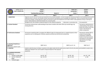 GRADE 1 to 12
DAILY LESSON LOG
School Grade Level Grade 9
Teacher Learning Area Science
Teaching Dates and Time Week # 4 Quarter Second
DAY 1 DAY 2 DAY 3 DAY 4
I. OBJECTIVES Objectives must be met over the week and connected to the curriculum standards. To meet the objectives necessary procedures must be followed and if needed,
additional lessons, exercises, and remedial activities may be done for developing content knowledge and competencies. These are assessed using Formative
Assessment strategies. Valuing objectives support the learning of content and competencies and enable children to find significance and joy in learning the
lessons. Weekly objectives shall be derived from the curriculum guides.
Recognize ionic and covalent compound based on their physical properties Administer a summative test Pre-assessment
A. Content Standard The learners demonstrate understanding of how atoms combine with other atoms by transferring or by
sharing electrons.
The learners demonstrate an
understanding of the type of
bonds that carbon forms that
result in the diversity of
carbon compounds.
B. Performance Standard The learners should be able to recognize the different types of compounds (ionic or covalent) based on their
properties such as melting point, hardness, polarity and electrical and thermal conductivity.
The learners shall be able to
analyze the percentage
composition of different
brands of two food products
and decide on the products’
appropriate percentage
composition
C. Learning Competency /
Objectives
Write the LC code for each.
S9MT-IId-16 S9MT-IIa-d-15 -16 S9MT-IId-17
II. CONTENT Content is what the lesson is all about. It pertains to the subject matter that the teacher aims to teach in the CG, the content can be tackled in a week or two.
Differences between ionic and covalent compound based on their physical
properties.
III. LEARNING RESOURCES
A. References
1. Teacher’s Guide pages pp. 98 - 102 pp. 90 - 102 pp. 127 - 130
2. Learner’s Materials
pages
pp. 123-124 pp. 111-126 p. 104
3. Textbook pages
 