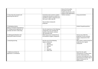 Discuss first the safety
precautions that the
students should take on the
conduct of the experiments.
E. Discussing new concepts and
practicing new skills # 2
Enumerate some common covalent
compounds and point out which are
classified as organic compounds and
their uses in day to day life.
How are these compounds
produced?
Perform Activity 2 Group presentation
F. Developing mastery
(leads to Formative Assessment 3)
Answer the guide questions.
G. Finding practical application of
concepts and skills in daily living
Give the importance of the following
compounds in your everyday life:
Gasoline; ethyl alcohol; acetone;
LPG; and acetic acid.
H. Making generalizations and
abstractions about the lesson
When do you say a compound can
be classified as organic compound?
How can you relate the
properties of some common
organic compounds to their
uses?
I. Evaluating learning Give the uses of the following
organic compounds:
1. Gasoline
2. Ethyl alcohol
3. Acetone
4. LPG
5. Kerosene
6. Acetic acid
Why is there a need to know the
properties of an organic
compound?
J. Additional activities for
application or remediation
Search for the useful
characteristics of carbon atoms
and the relationship of the
structures and properties of the
special group of another type of
organic compounds, the
hydrocarbons.
 